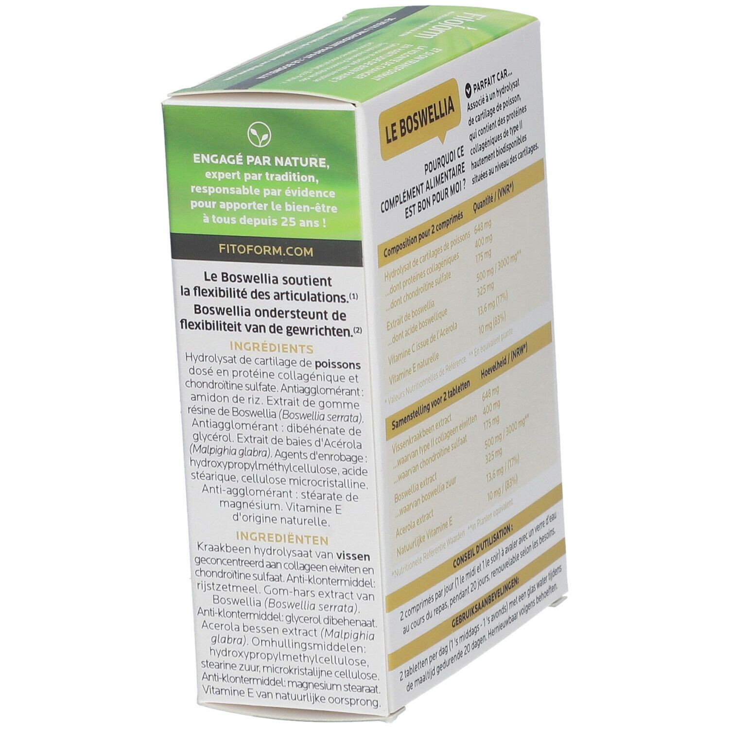 Vue latérale de l'emballage du produit. Contient des informations sur les ingrédients et le dosage. Texte en français et en néerlandais.