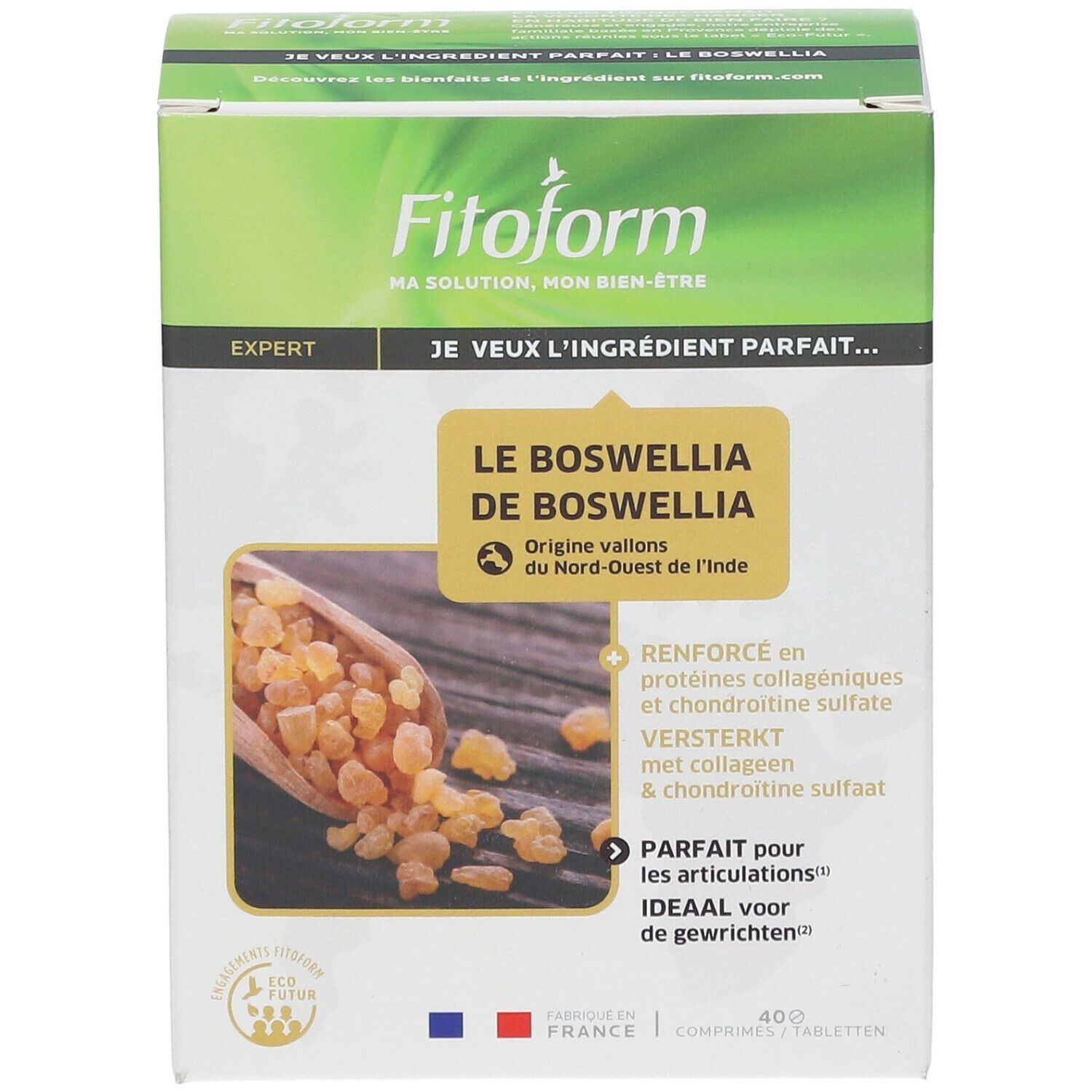 Emballage du produit avec informations. Inscription: Fitoform, Le Boswellia de Boswellia. Illustration de résine de Boswellia. Fabriqué en France.