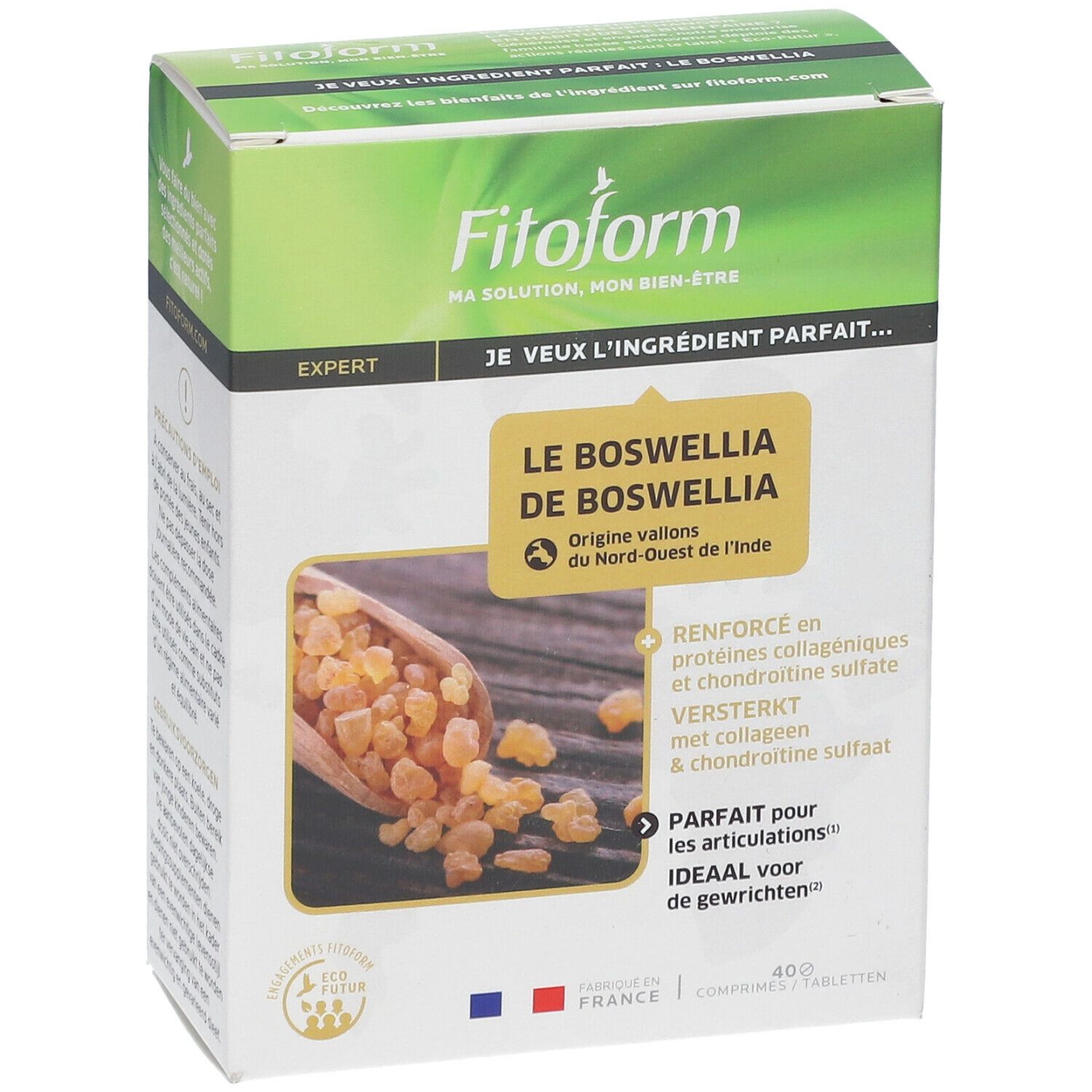 Emballage du produit avec informations. Inscription: Fitoform, Le Boswellia de Boswellia. Illustration de résine de Boswellia. Fabriqué en France.