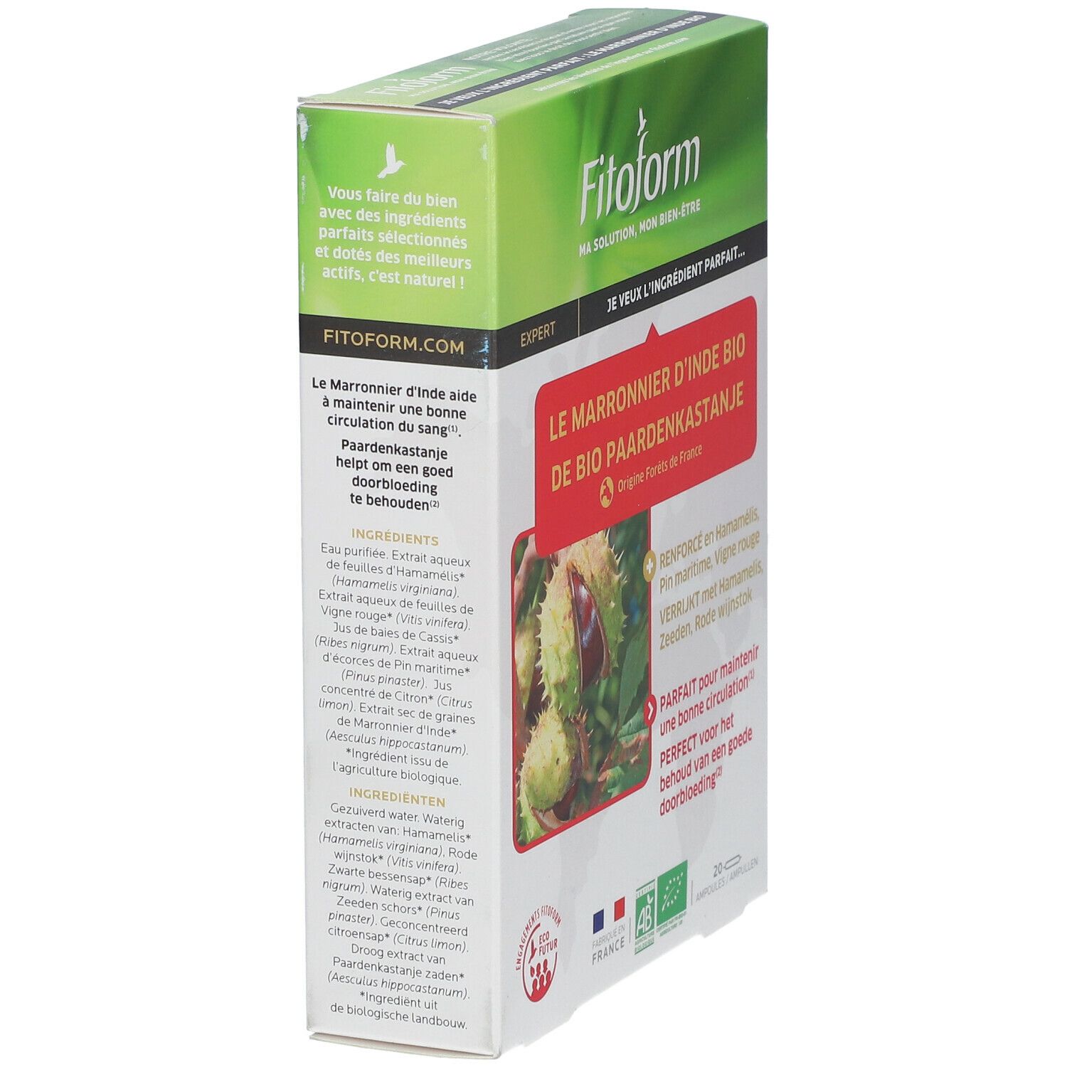 Zijaanzicht van de verpakking. Productnaam en ingrediënten zichtbaar.