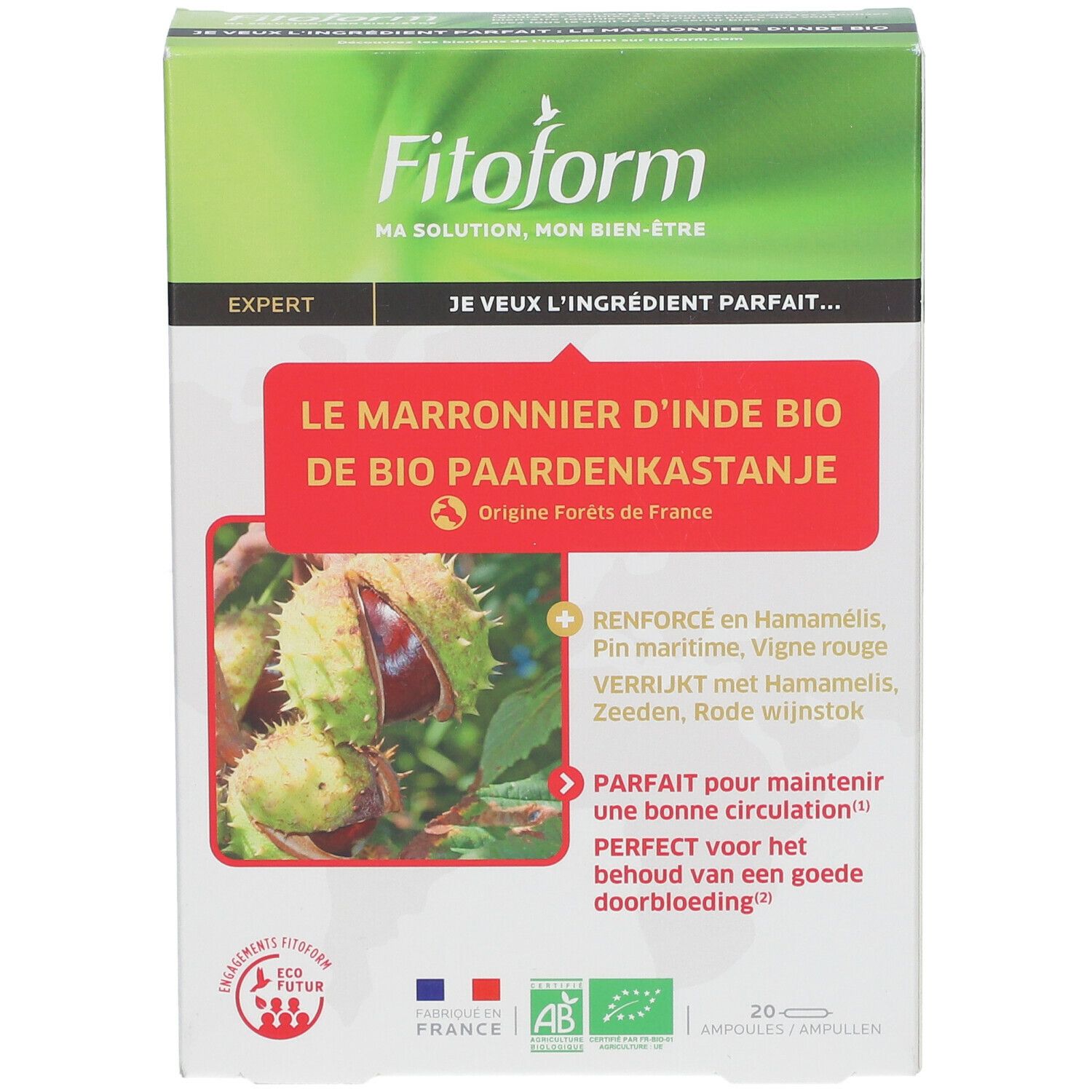 Vooraanzicht van de verpakking. Productnaam, logo en certificeringen zichtbaar.