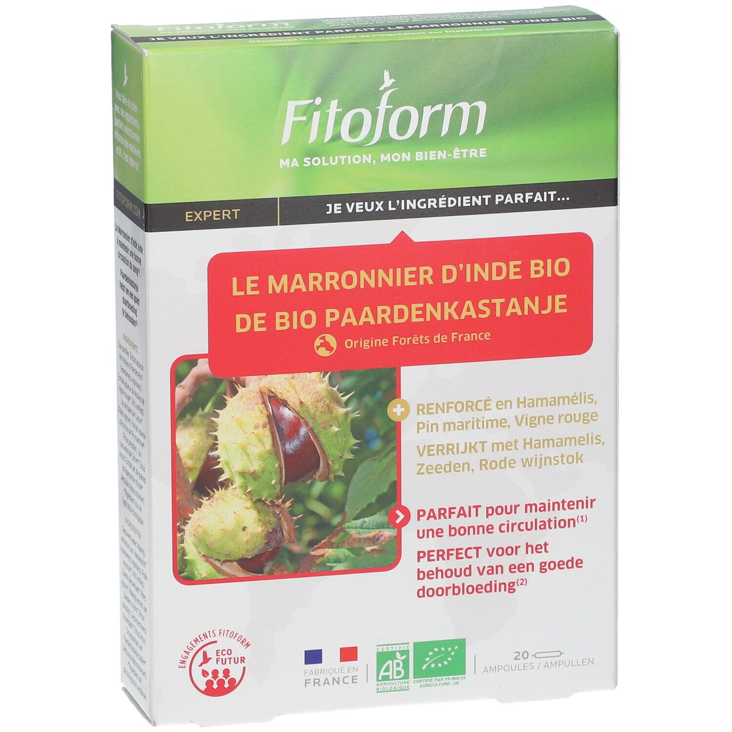 Vooraanzicht van de verpakking. Productnaam, logo en certificeringen zichtbaar.