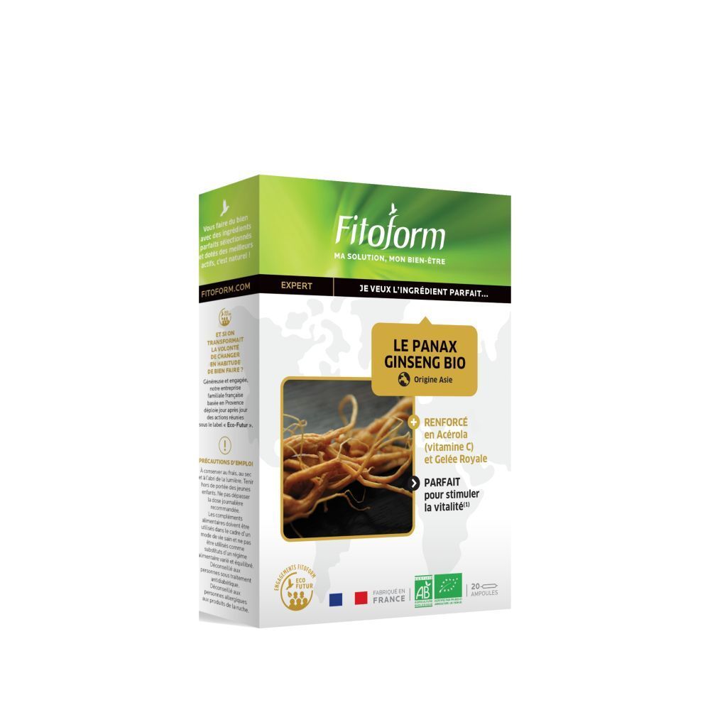 Fitoform-verpakking. Le Panax Ginseng Bio. Afbeelding van ginsengwortels. Franse en EU-bio-labels.