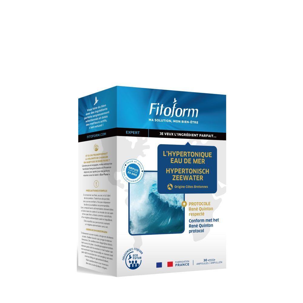 Karton mit Fitoform HYPERTONISCHES MEERESWASSER. Blaue und weiße Verpackung mit Produktnamen und Logo. Hergestellt in Frankreich.