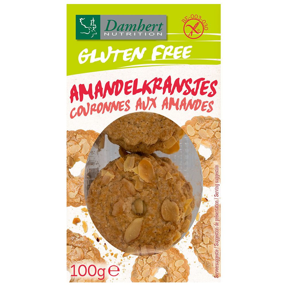 Glutenvrije amandelkransjes. Verpakking met productafbeelding en logo. 100g.