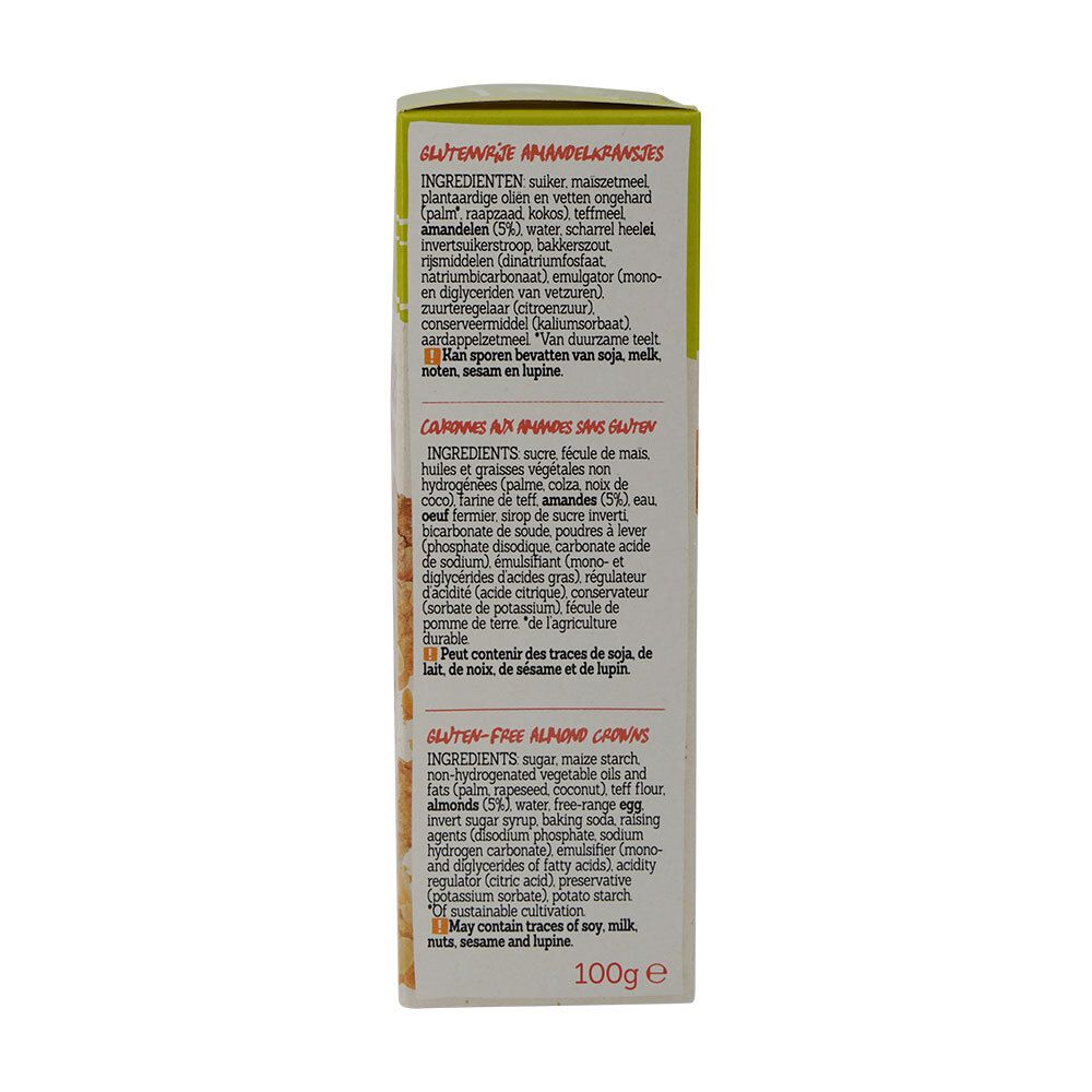 Achterkant van de verpakking met ingrediëntenlijst. Bevat allergeneninformatie en voedingswaarden.