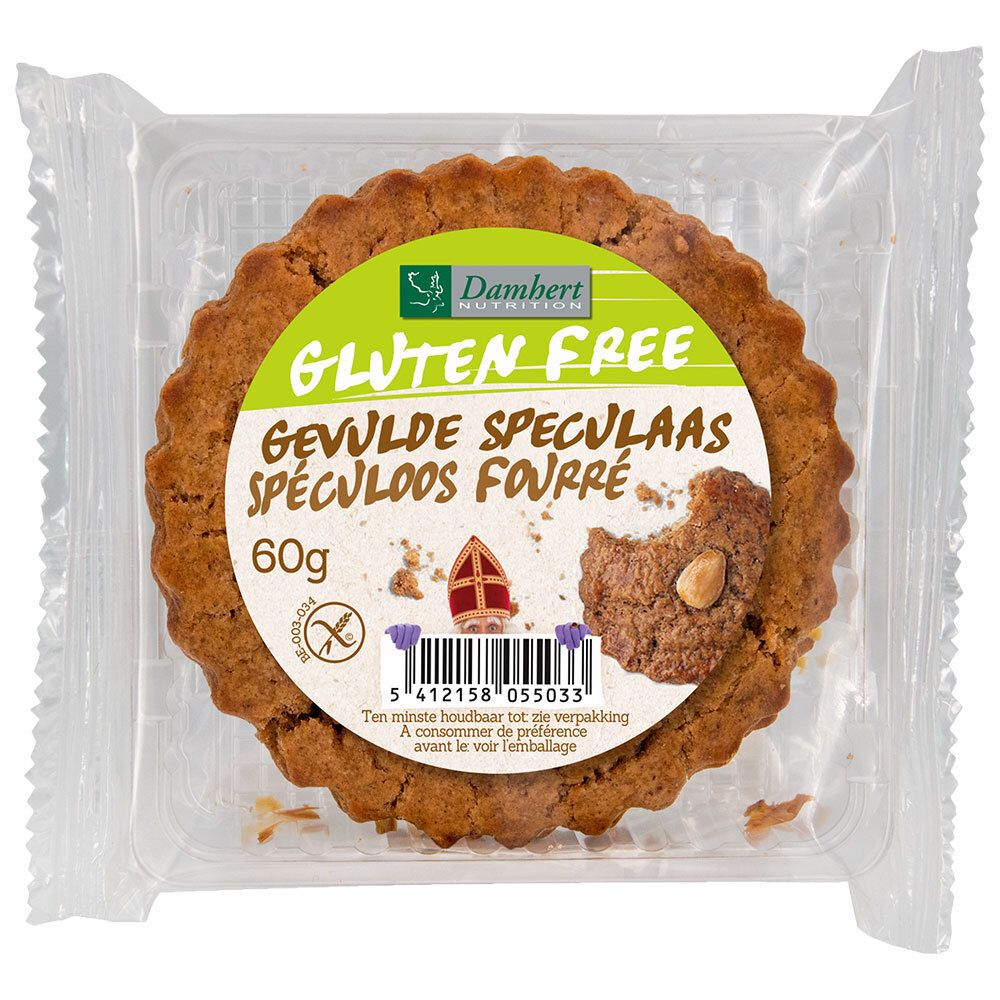 Ronde koek in transparante verpakking. Opschrift: Gluten Free, Gevulde Speculaas, Spéculoos Fourré. Merk: Dambert.