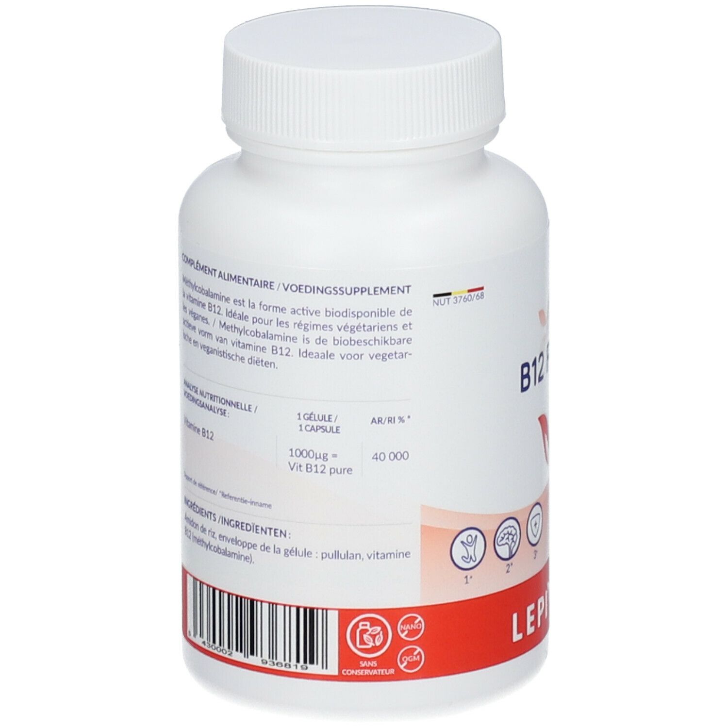 Achterkant van een witte fles met capsules. Tekst: Voedingssupplement. Bevat 1000µg vitamine B12. Merk: LEPIVITS.