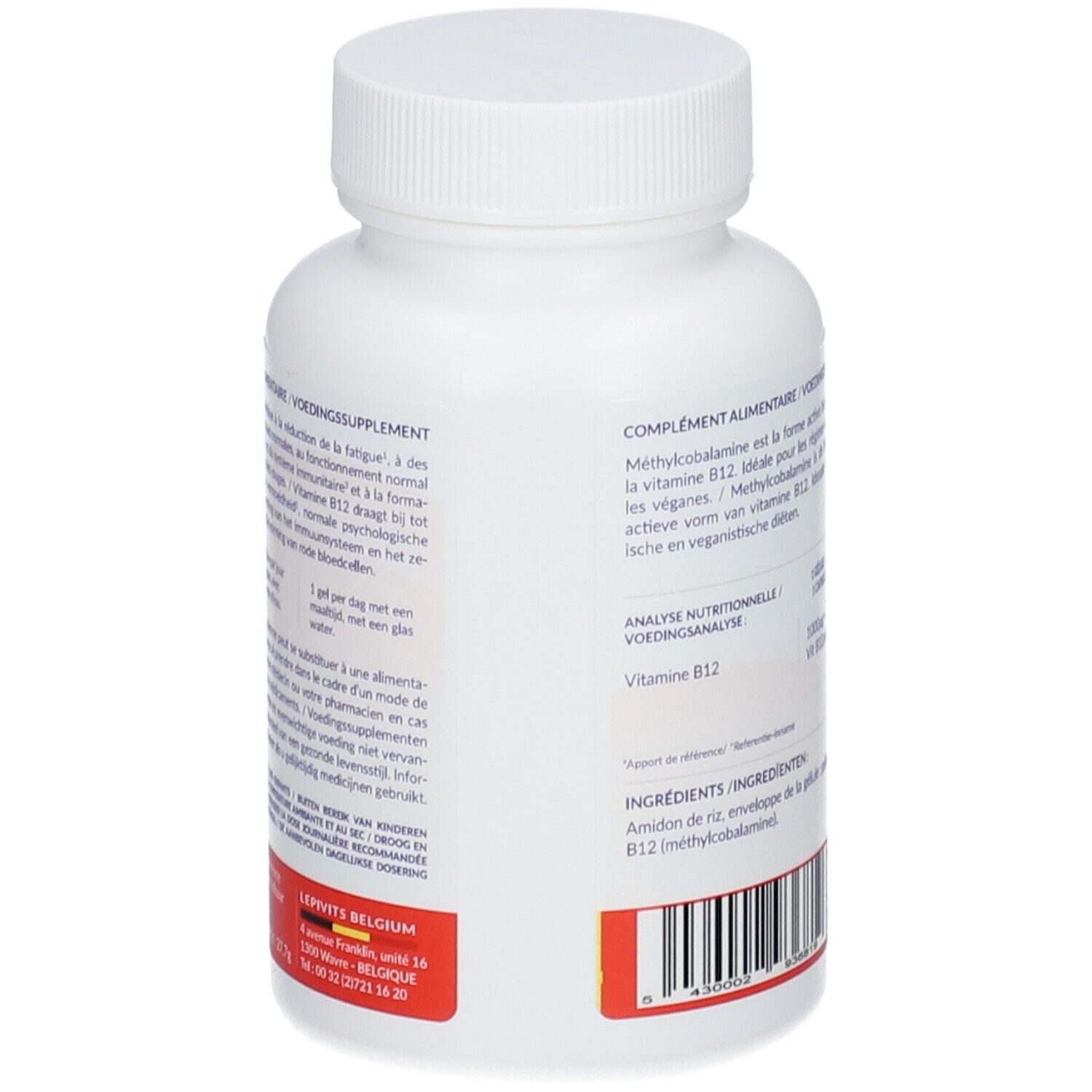 Achterkant van een witte fles. Tekst: Voedingssupplement. Adres: LEPIVITS BELGIUM. Streepjescode.