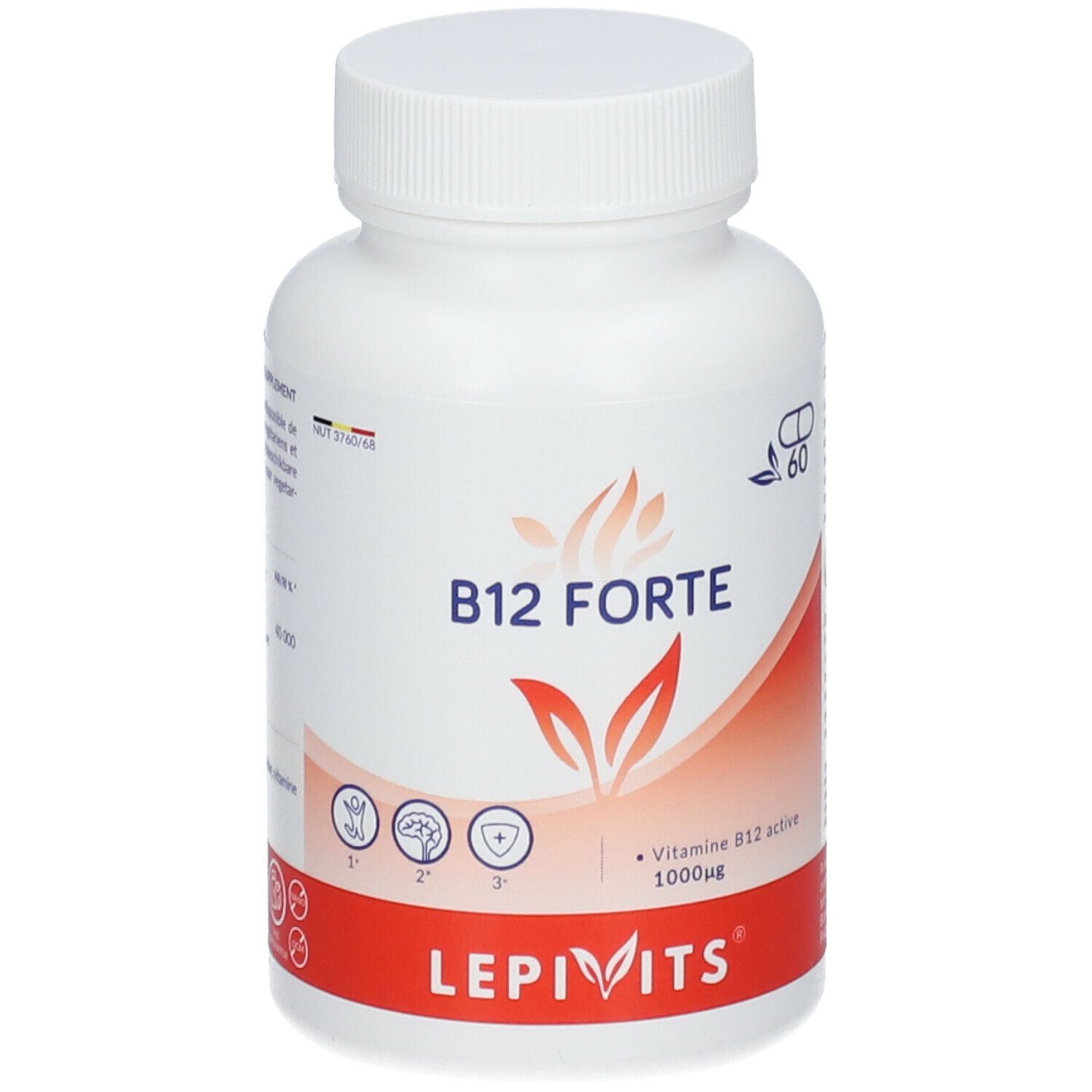 Witte fles met capsules. Opschrift: B12 FORTE, LEPIVITS. Rode strook onderaan. Bevat 60 capsules.