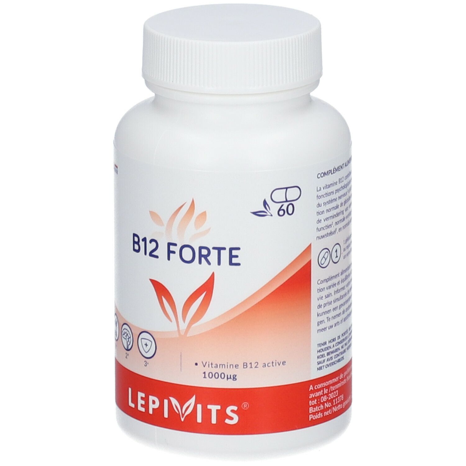 Witte fles met capsules. Opschrift: B12 FORTE, LEPIVITS. Rode strook onderaan. Bevat 60 capsules.