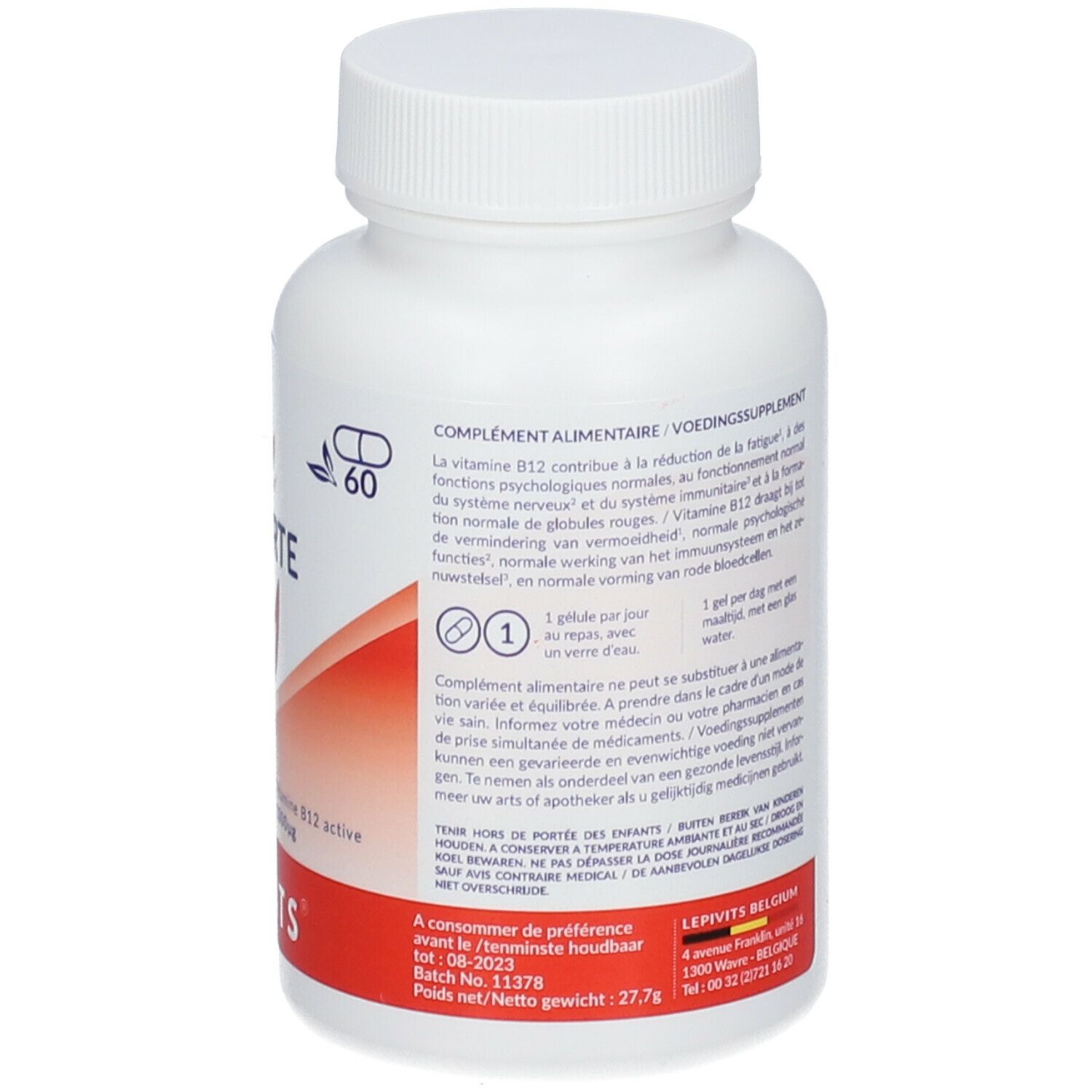 Achterkant van een witte fles met capsules. Tekst: Voedingssupplement. Bevat 60 capsules. Merk: LEPIVITS.