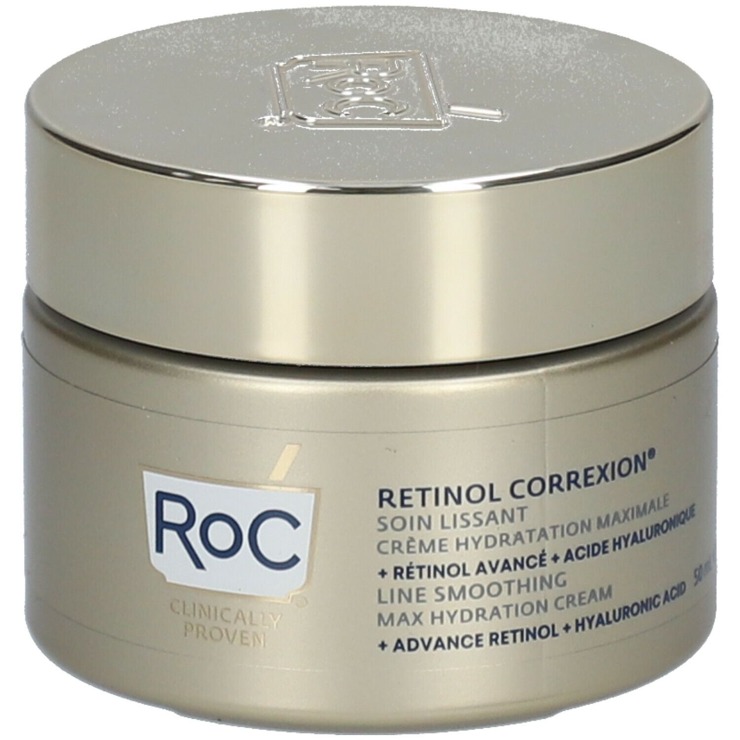 Pot de crème avec couvercle. Inscription RoC et Retinol Correxion. Texte en français et en anglais.