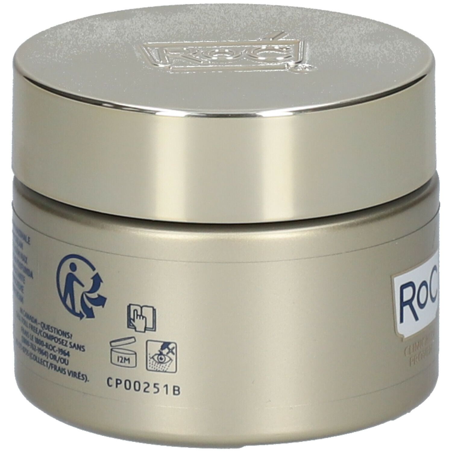 Dos d'un pot de crème. Inscription RoC et informations. Symboles de recyclage et mode d'emploi.