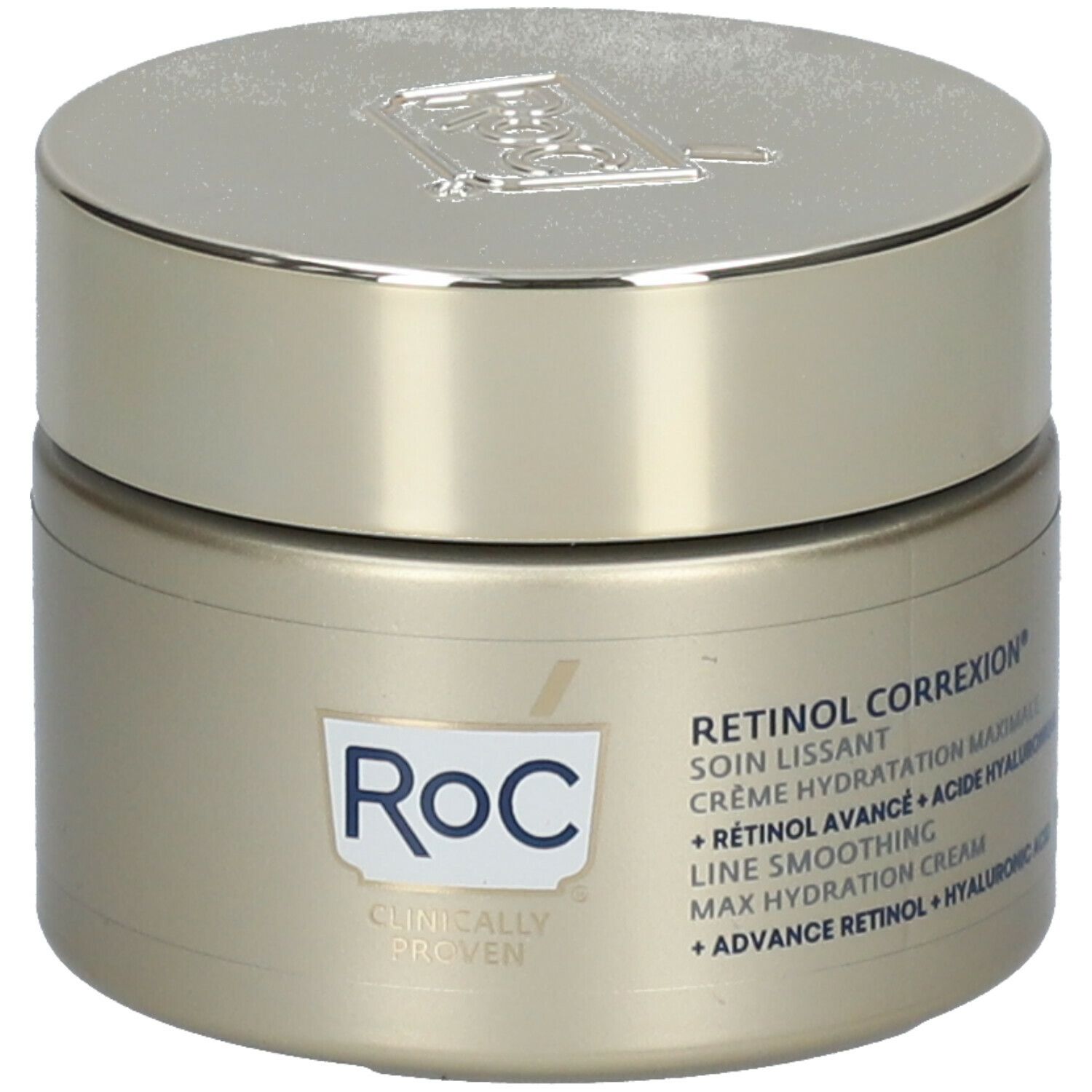 Pot de crème avec couvercle. Inscription RoC et Retinol Correxion. Cliniquement prouvé.