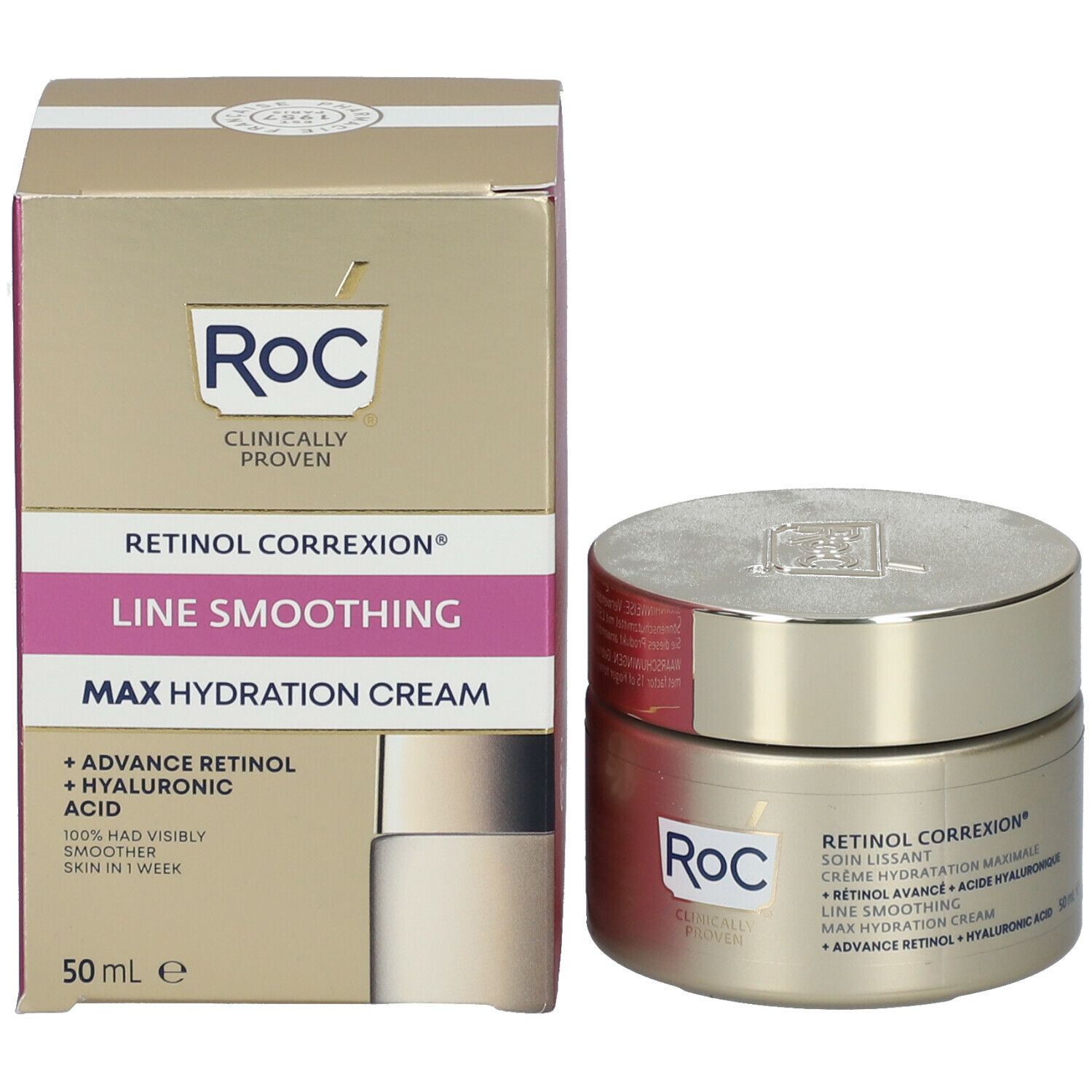 Emballage du produit et pot de crème. Inscription RoC, Retinol Correxion, Line Smoothing. Volume : 50 ml.