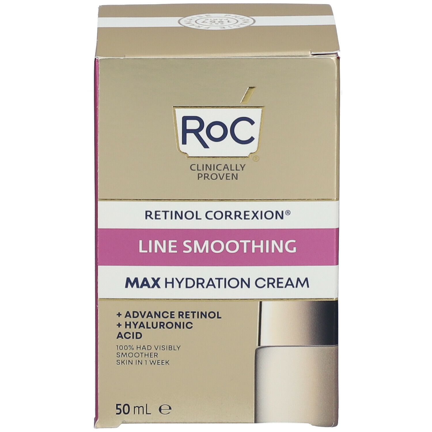 Emballage du produit. Inscription RoC, Retinol Correxion, Line Smoothing. Volume : 50 ml.