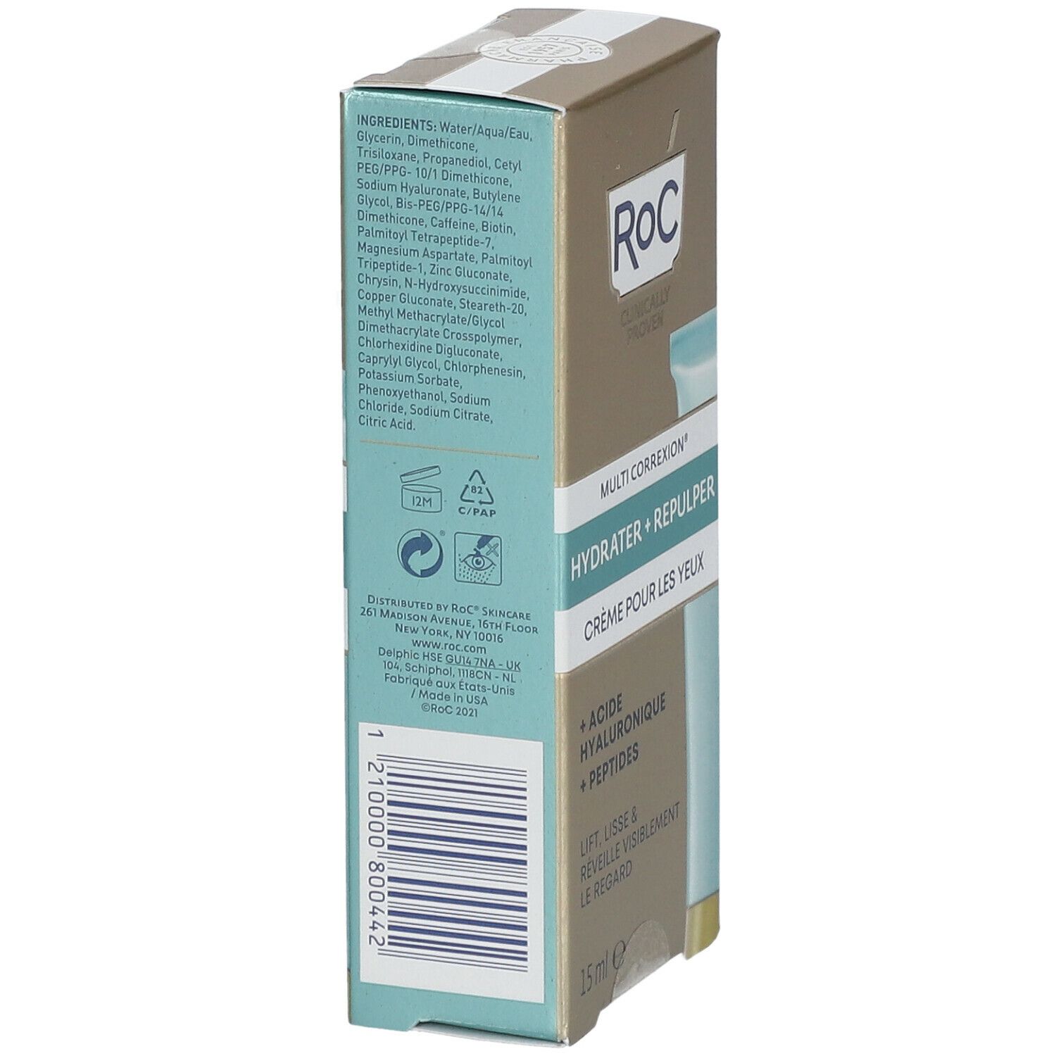 Rückseite der RoC Multi Correxion® Hydrate + Plump Augencreme-Verpackung. Enthält Inhaltsstoffe, Symbole und Barcode.