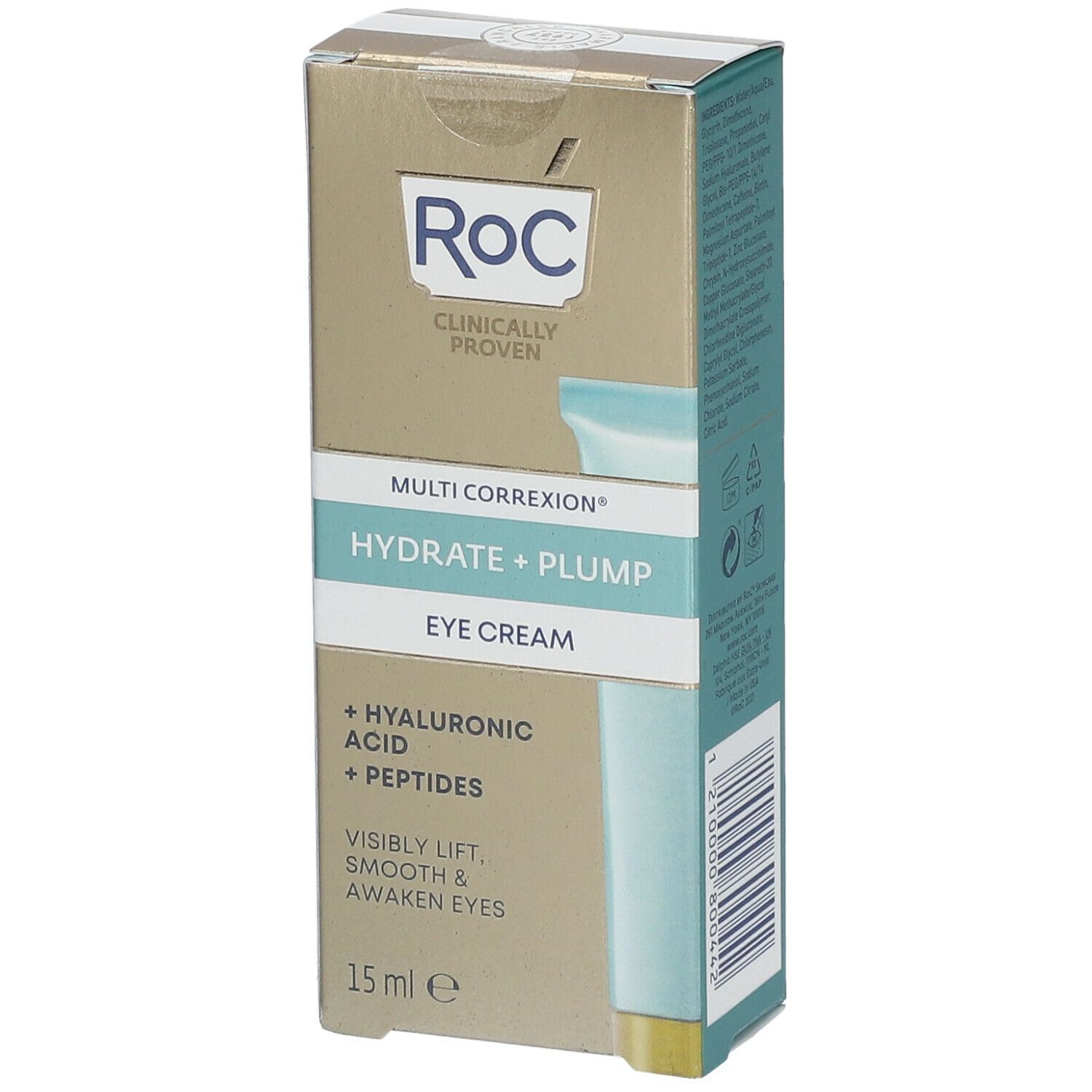 RoC Multi Correxion® Hydrate + Plump Eye Cream-Verpackung. Goldfarbener Karton mit Produktinformationen und Logo.