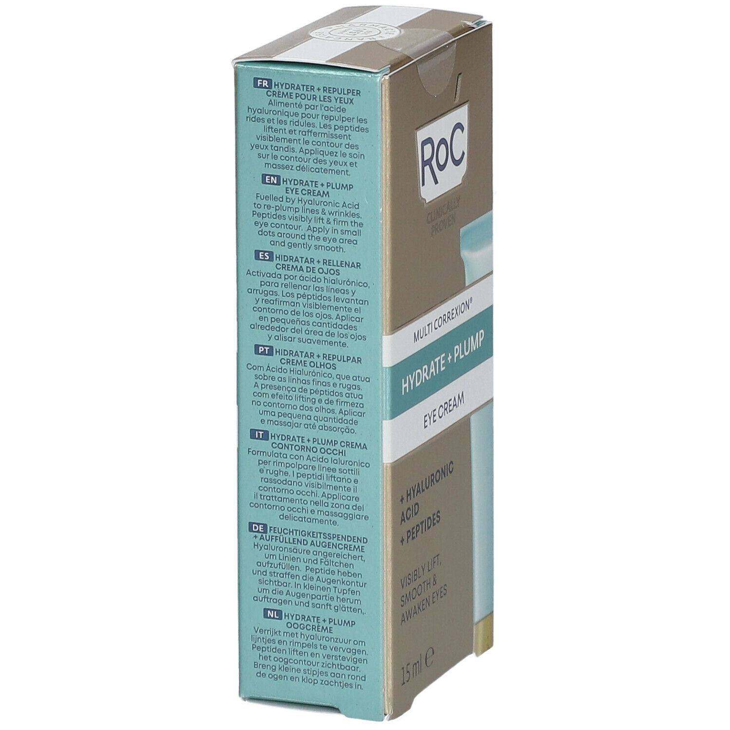 RoC Multi Correxion® Hydrate + Plump Eye Cream-Verpackung. Goldfarbener Karton mit Produktinformationen und Logo.