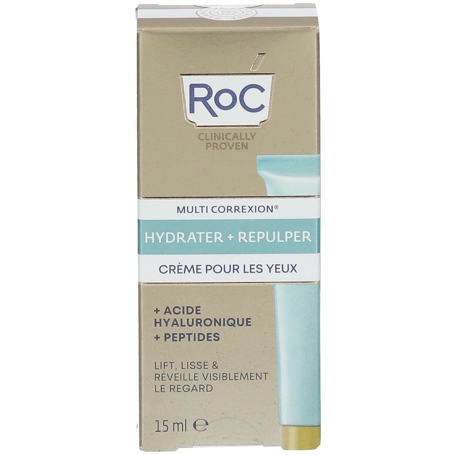 RoC Multi Correxion® Hydrate + Plump Augencreme-Verpackung. Goldfarbener Karton mit Produktinformationen und Logo.