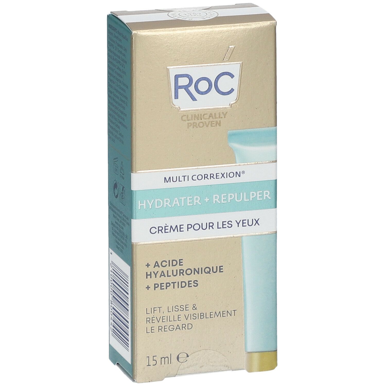 RoC Multi Correxion® Hydrate + Plump Augencreme-Verpackung. Goldfarbener Karton mit Produktinformationen und Logo.