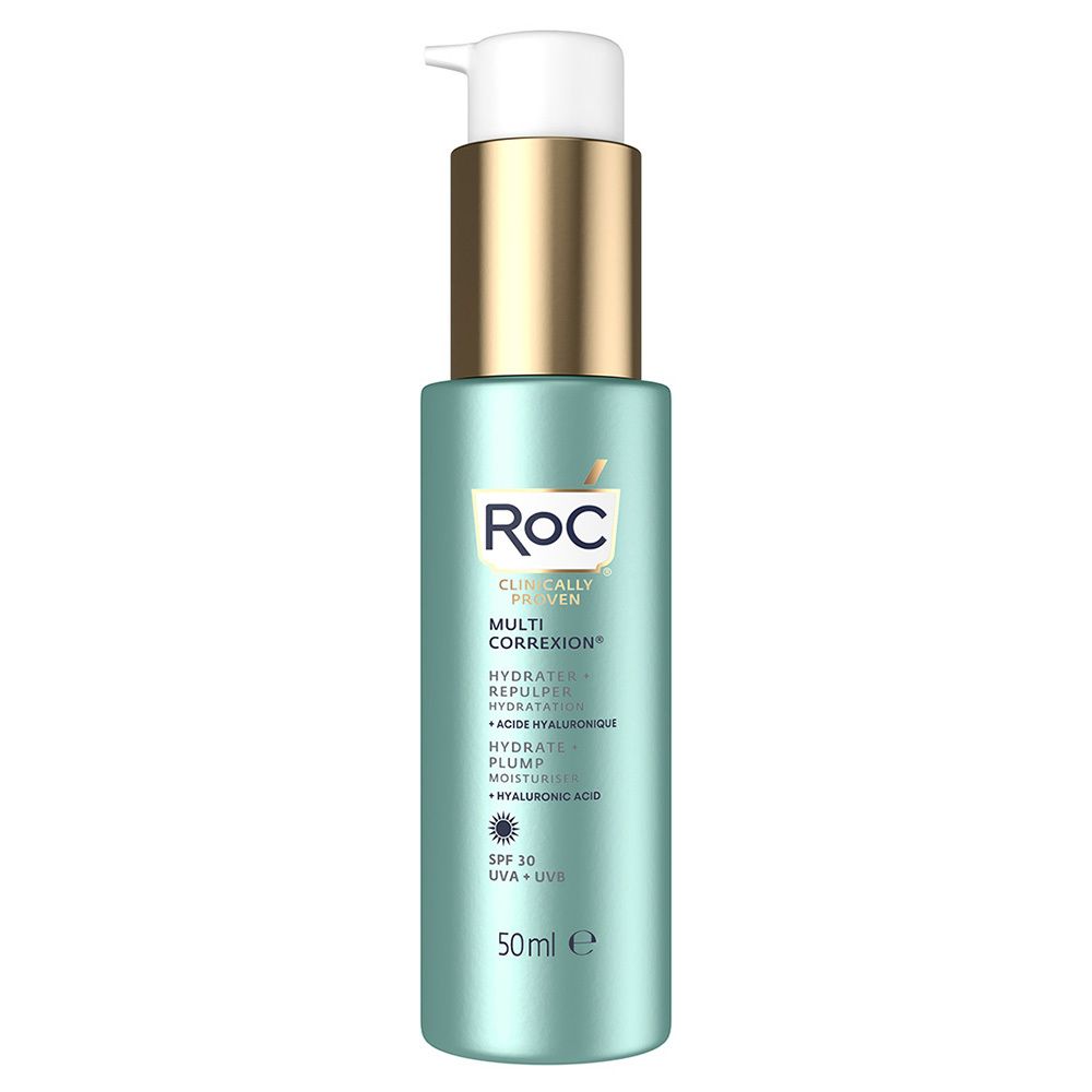 RoC Multi Correxion hydraterende crème met pomp. Turquoise fles met gouden dop. SPF 30.