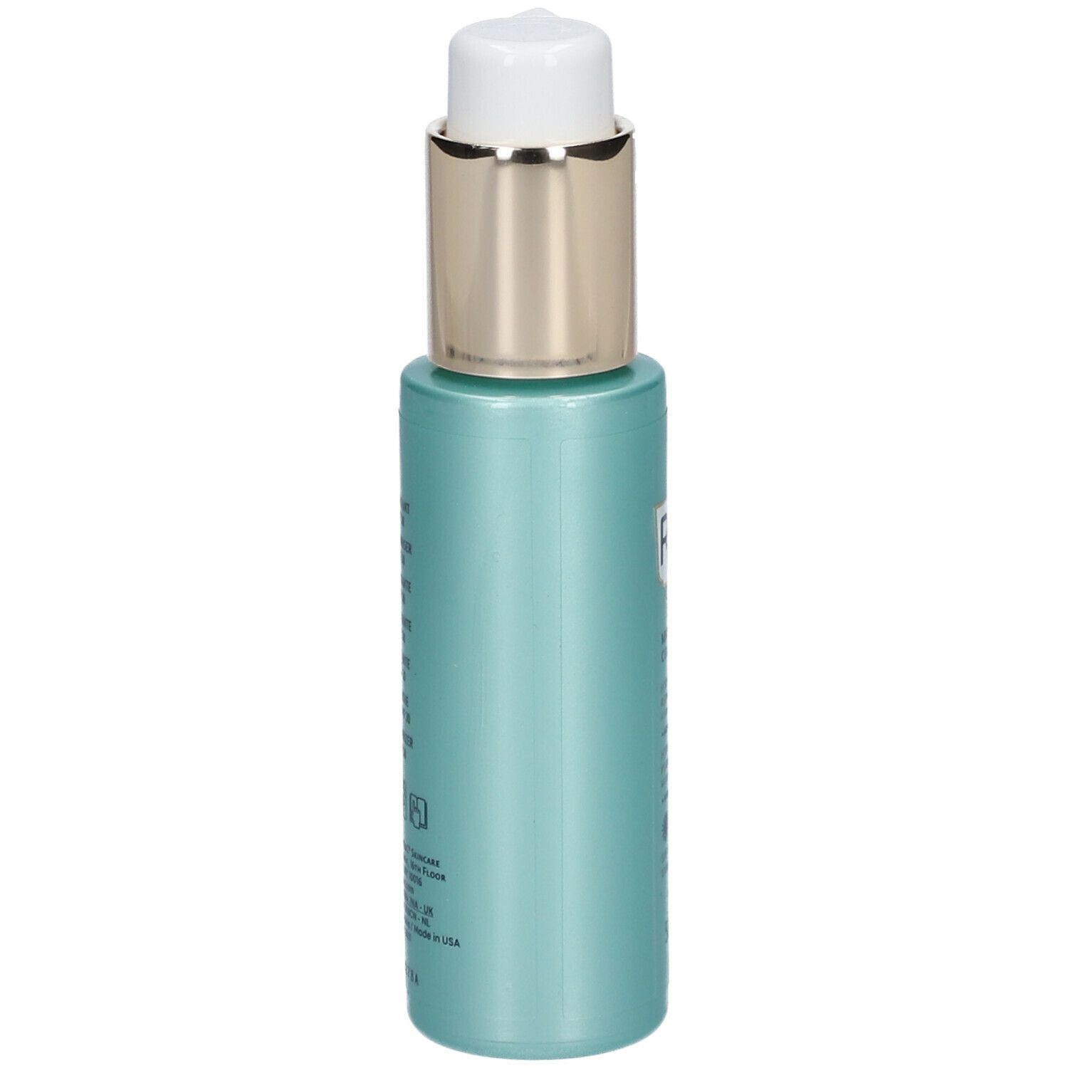 Achterkant van de turquoise RoC Multi Correxion hydraterende crème fles met pomp. Tekst.