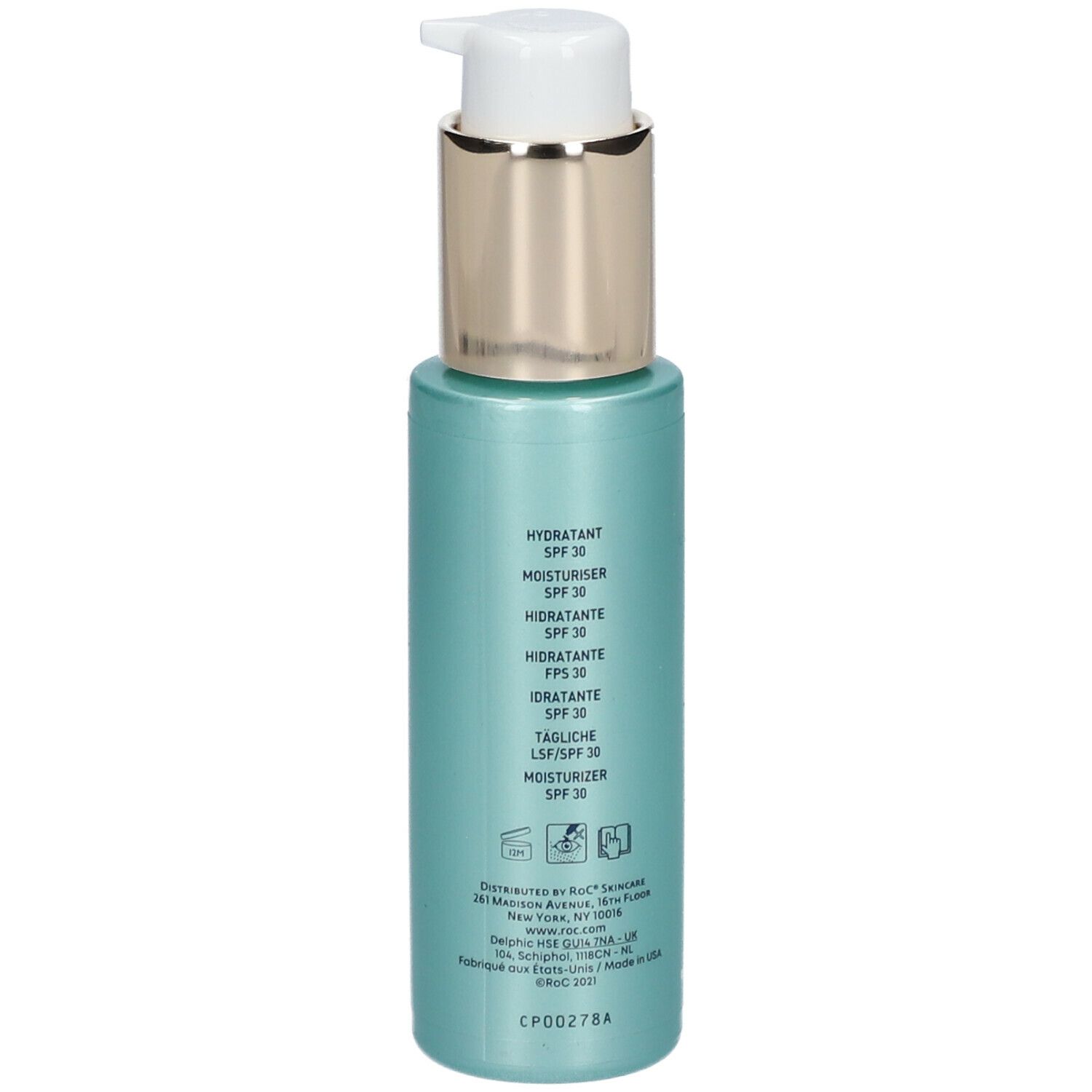 Achterkant van de turquoise RoC Multi Correxion hydraterende crème fles met pomp. Tekst.