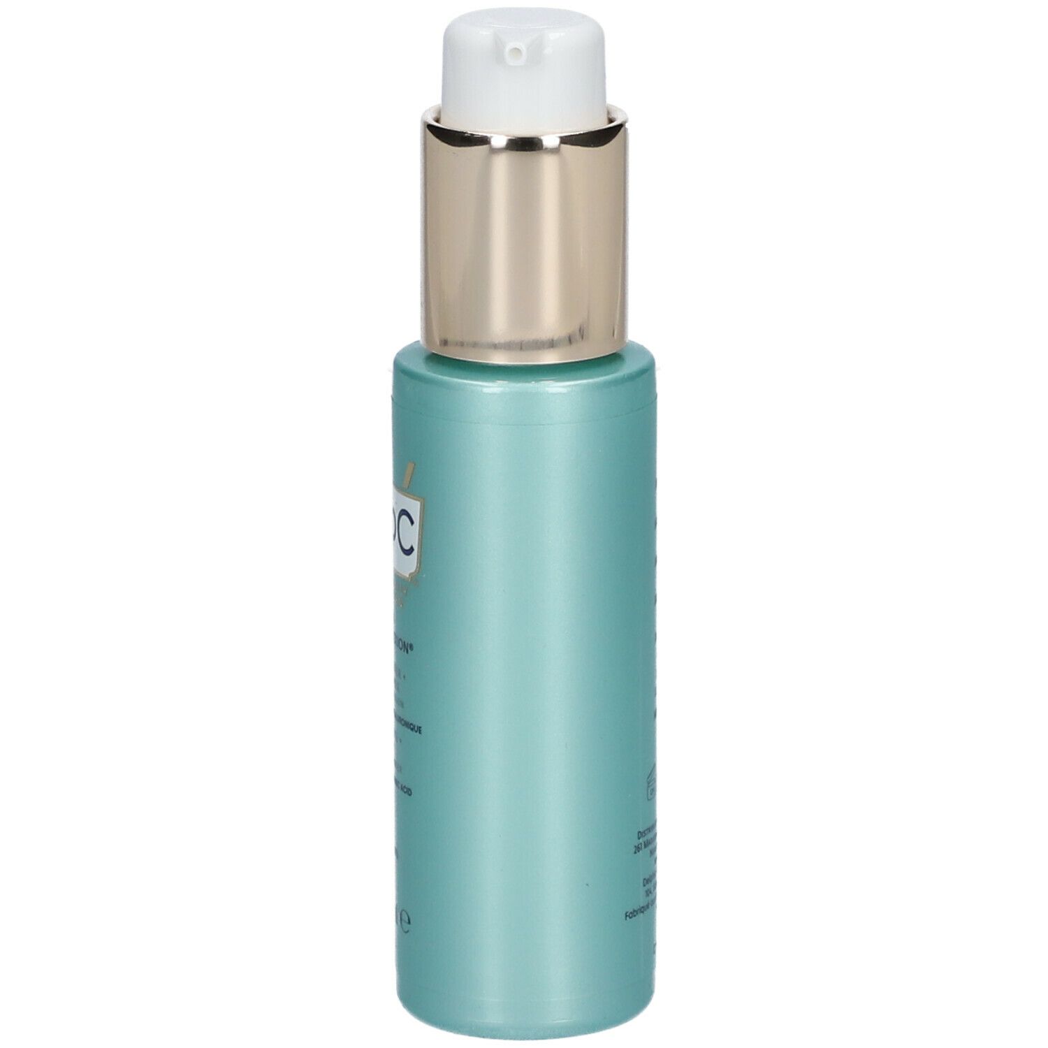 Zijaanzicht van de turquoise RoC Multi Correxion hydraterende crème fles met pomp. Tekst.
