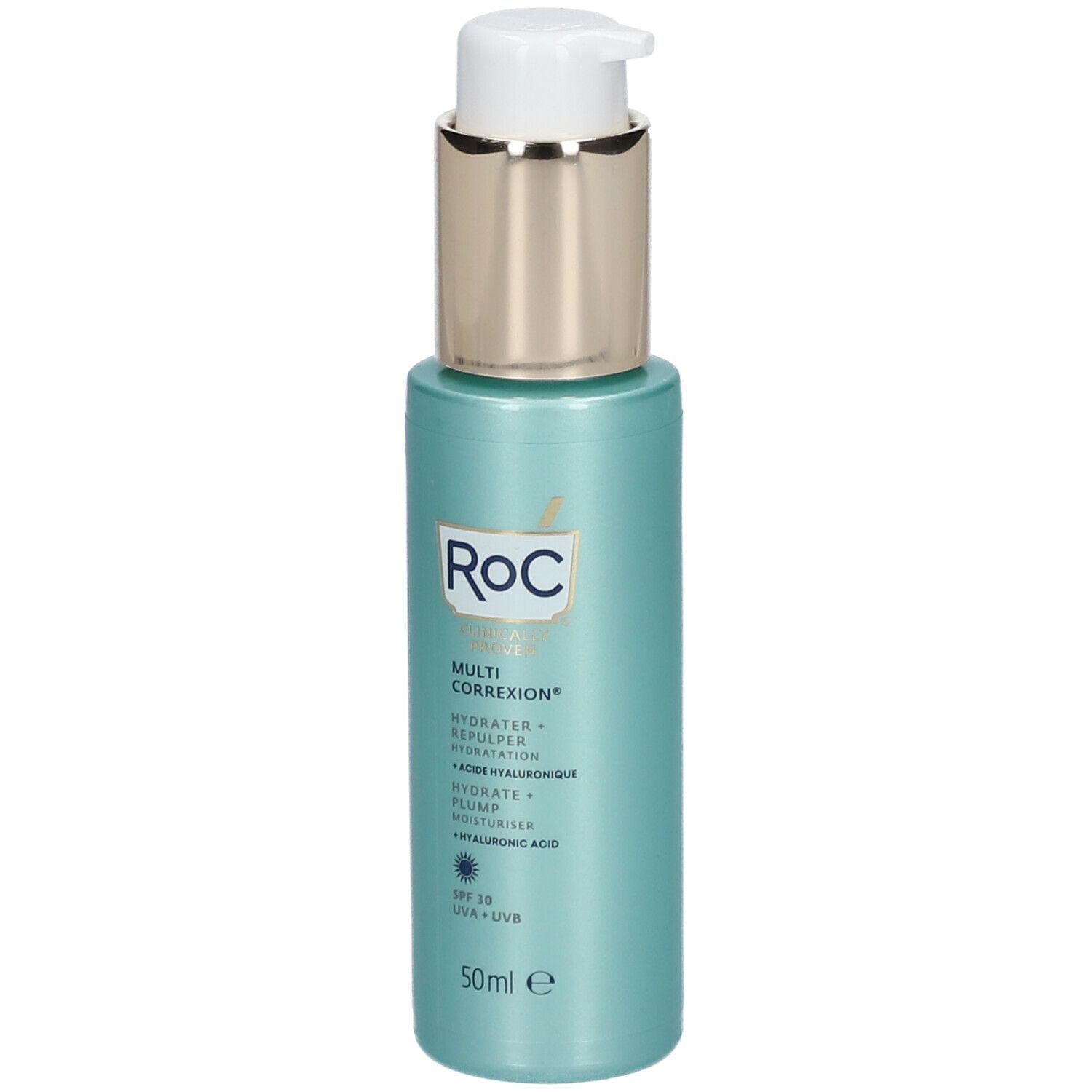 RoC Multi Correxion hydraterende crème met pomp. Turquoise fles met gouden dop. SPF 30.