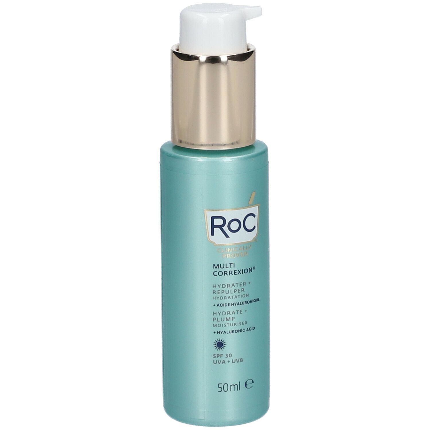 RoC Multi Correxion hydraterende crème met pomp. Turquoise fles met gouden dop. SPF 30.