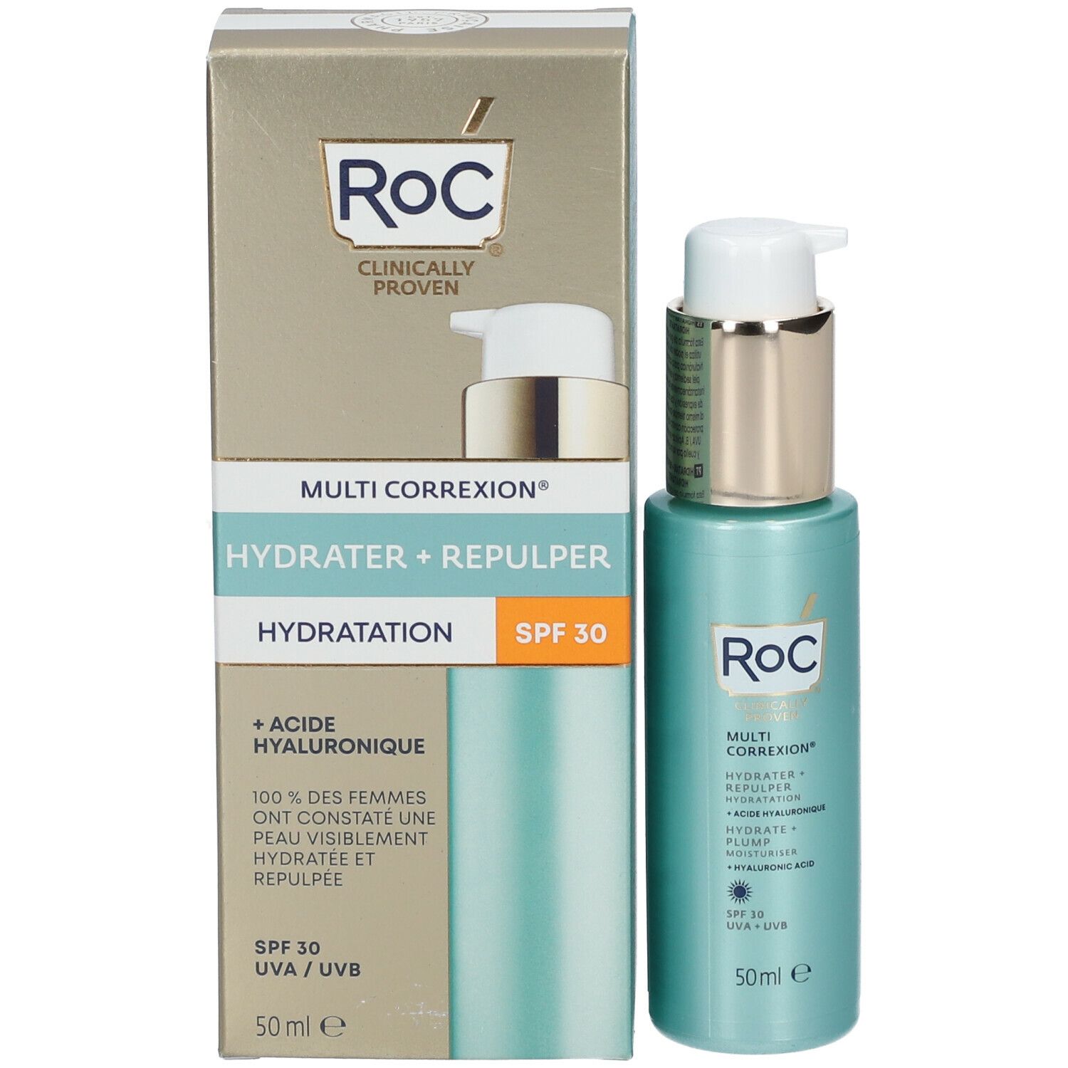 RoC Multi Correxion hydraterende crème met verpakking. Turquoise fles en doos. SPF 30.