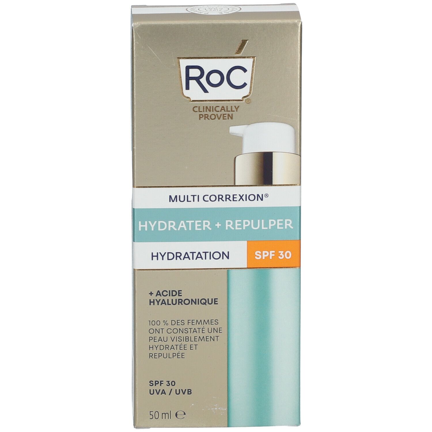 RoC Multi Correxion hydraterende crème met verpakking. Turquoise fles en doos. SPF 30.