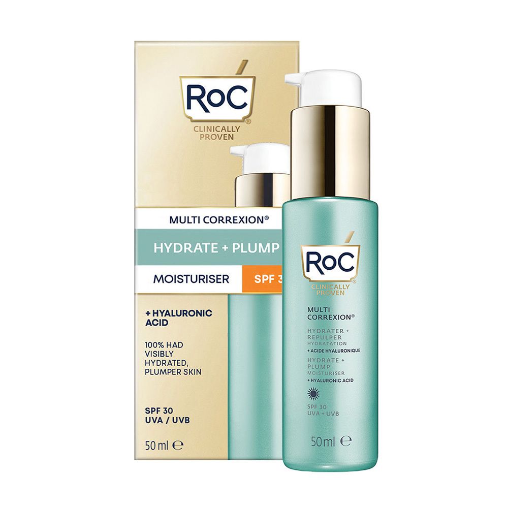 RoC Multi Correxion hydraterende crème met verpakking. Turquoise fles en doos. SPF 30.