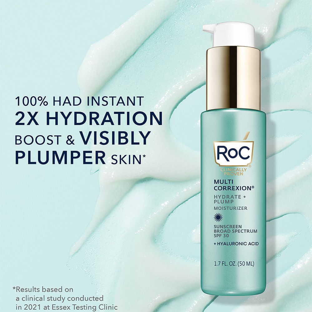 RoC Multi Correxion hydraterende crème met pomp. Turquoise fles met gouden dop. SPF 30.