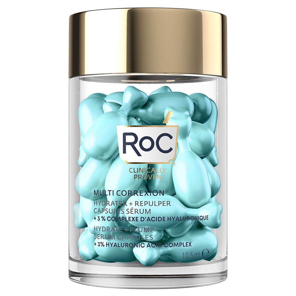 Transparante pot met blauwe capsules. Opschrift: RoC Multi Correxion Hydrater + Repulper Capsules Sérum. 10,5 ml.