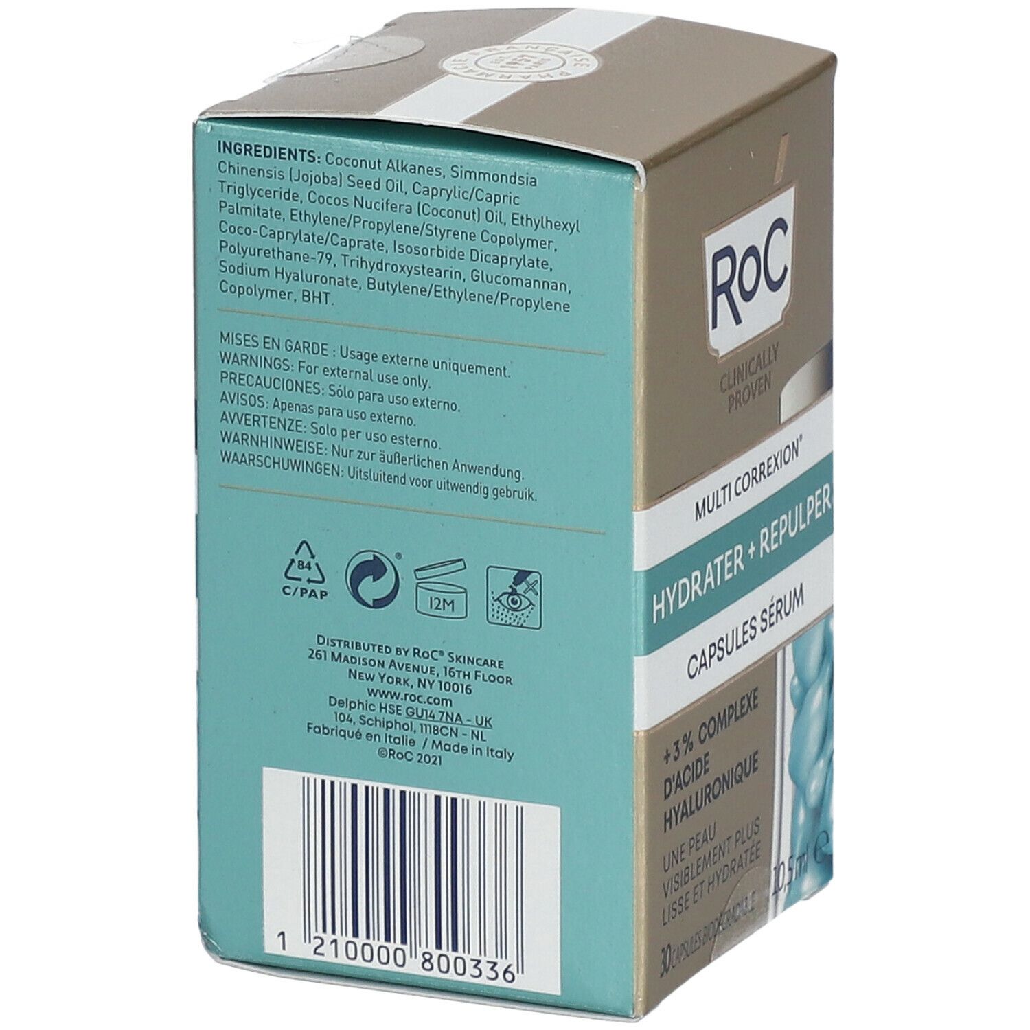 Achterkant van de RoC-doos. Ingrediëntenlijst, waarschuwingen, adres fabrikant en barcode. Merk RoC.