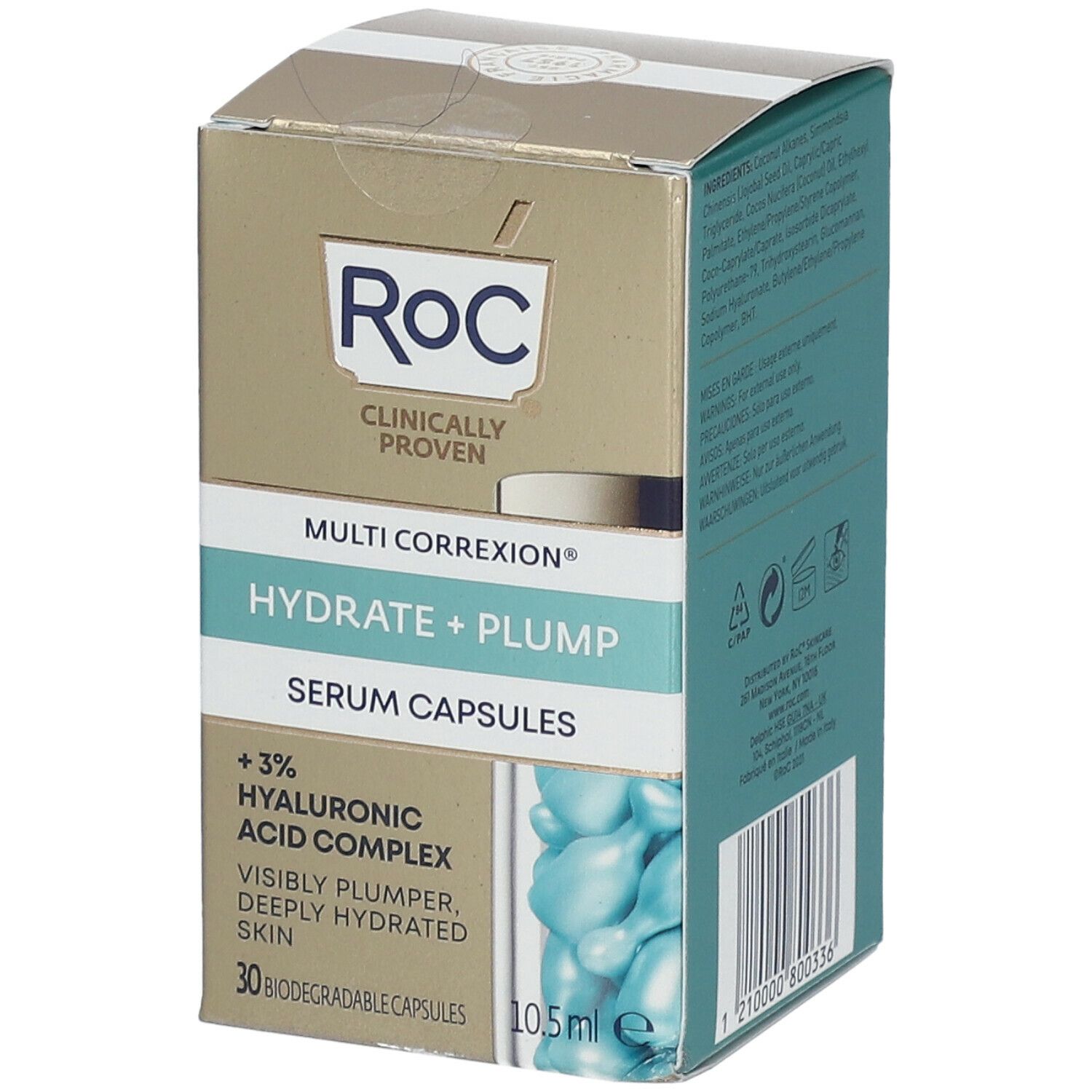 RoC-doos. Multi Correxion Hydrater + Plump Serum Capsules. 30 capsules. 10,5 ml. Merk RoC.