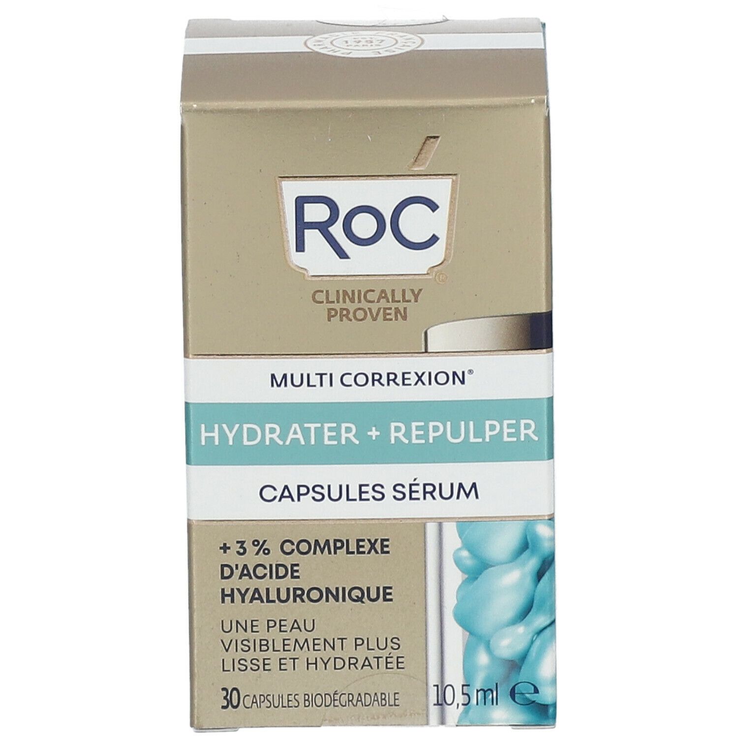 RoC-doos. Multi Correxion Hydrater + Repulper Capsules Sérum. 30 capsules. 10,5 ml. Merk RoC.