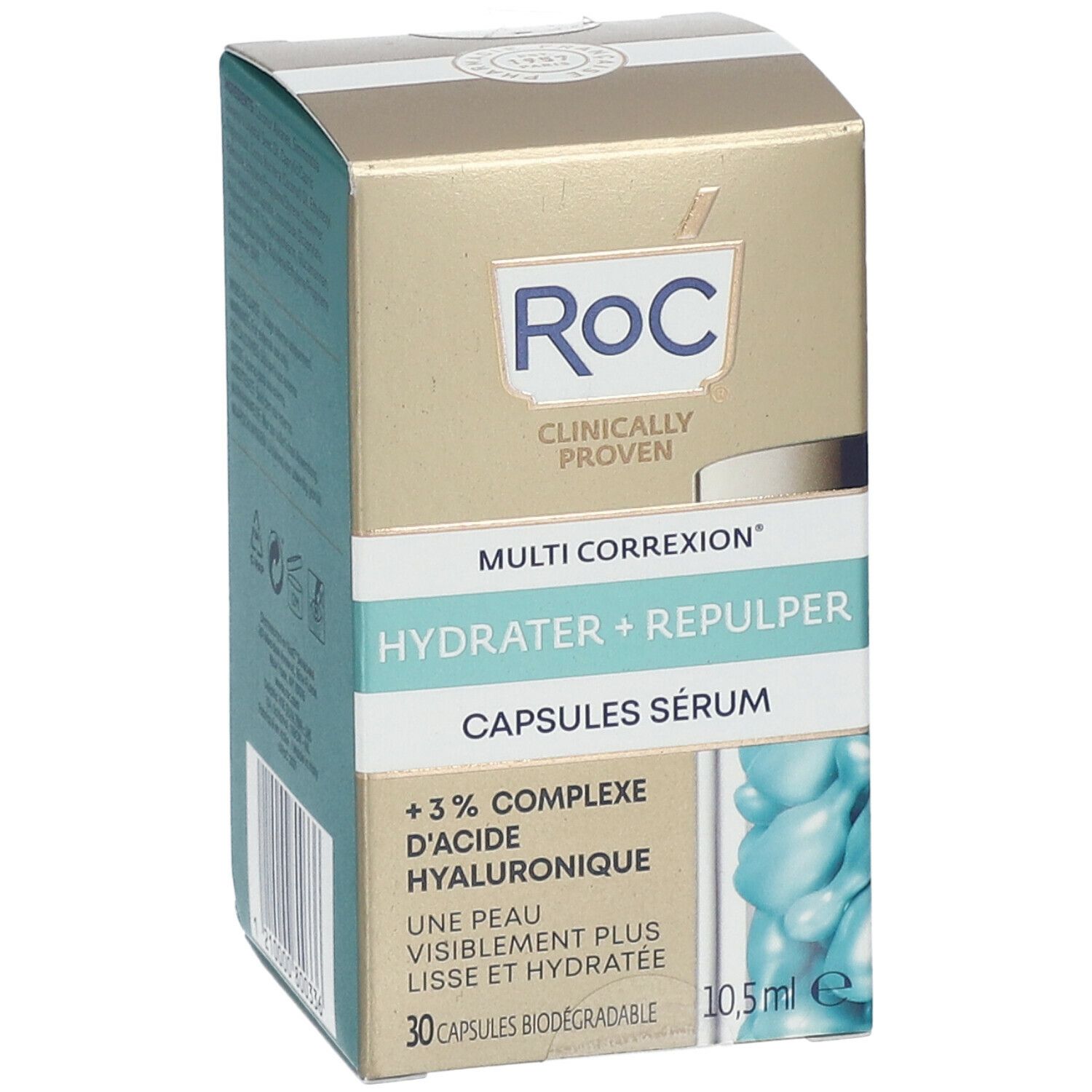 RoC-doos. Multi Correxion Hydrater + Repulper Capsules Sérum. 30 capsules. 10,5 ml. Merk RoC.
