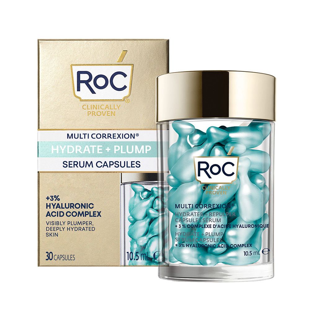 Productverpakking: RoC-doos en transparante pot met capsules. Opschrift: Multi Correxion Hydrater + Plump Serum Capsules.