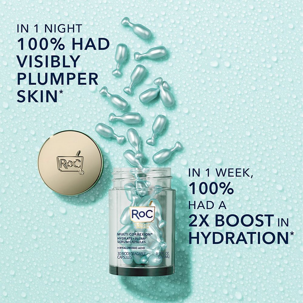 Afbeelding met product en tekst. Capsules, pot, tekst: In 1 nacht had 100% zichtbaar vollere huid.