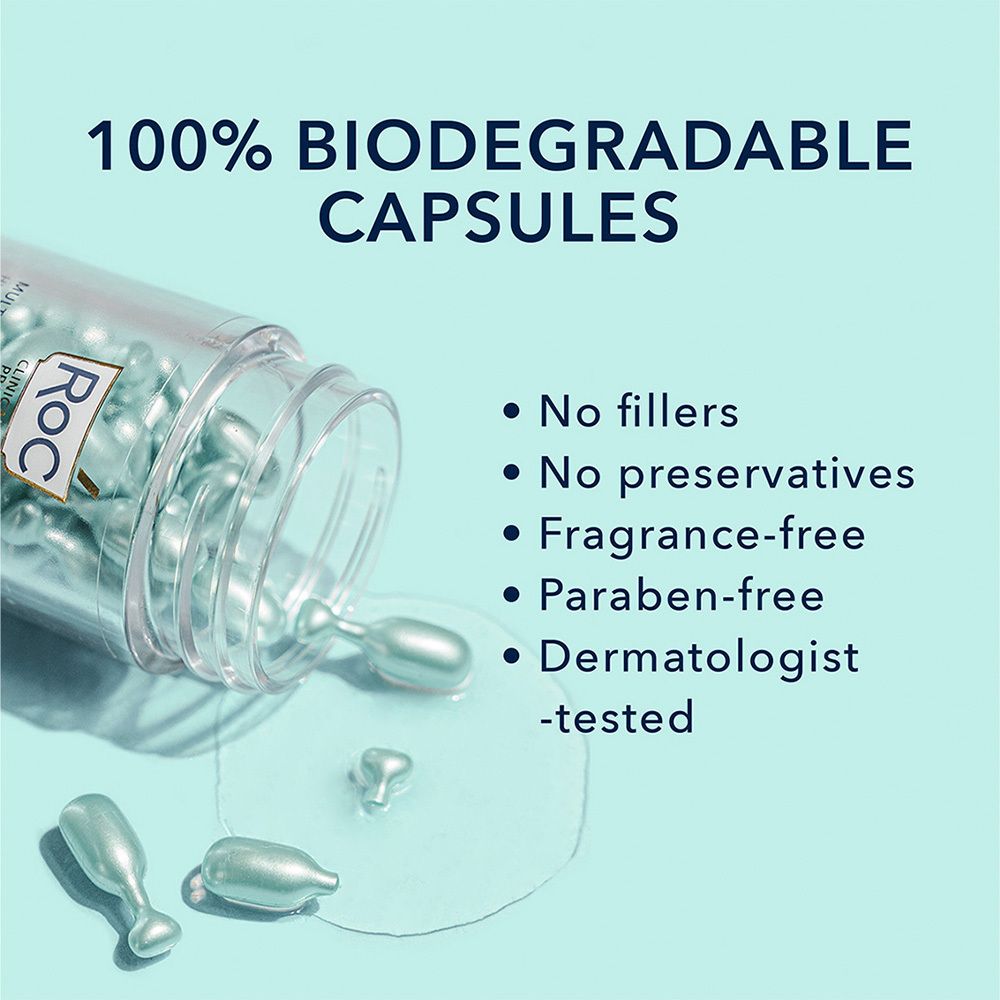 Afbeelding met product en tekst. Capsules, pot, tekst: 100% biologisch afbreekbare capsules. Geen vulstoffen.