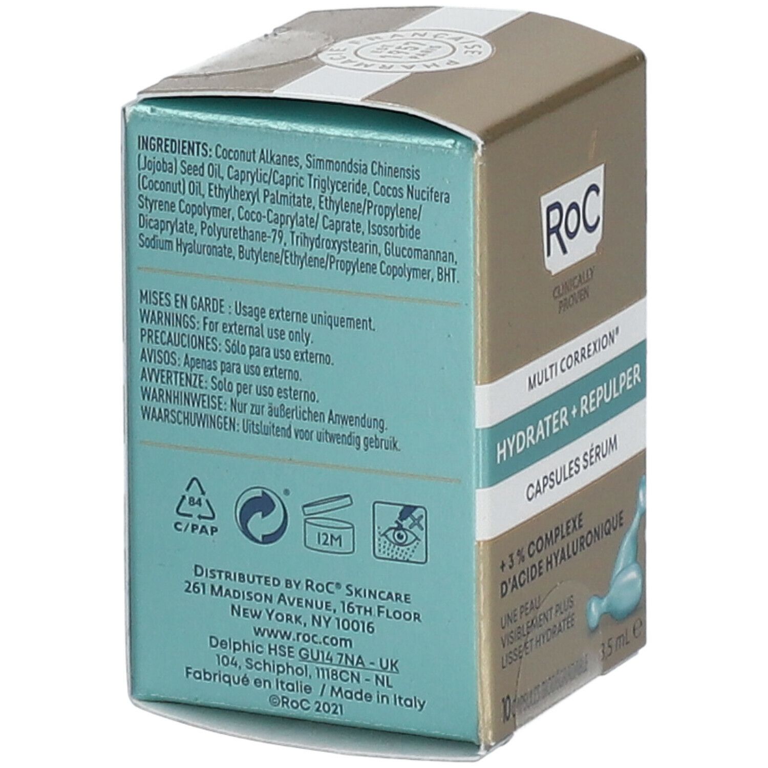 Achterkant van de RoC Multi Correxion Hydrater + Repulper Serum Capsules verpakking. Ingrediënten, waarschuwingen en fabrikantinfo. RoC logo.