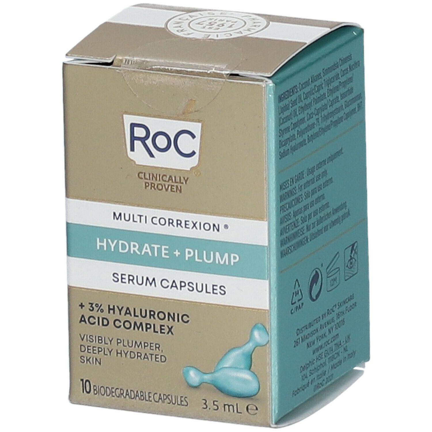 RoC Multi Correxion Hydrate + Plump Serum Capsules doos. Productinfo en capsule-afbeelding. 10 capsules, 3,5 ml. RoC logo.