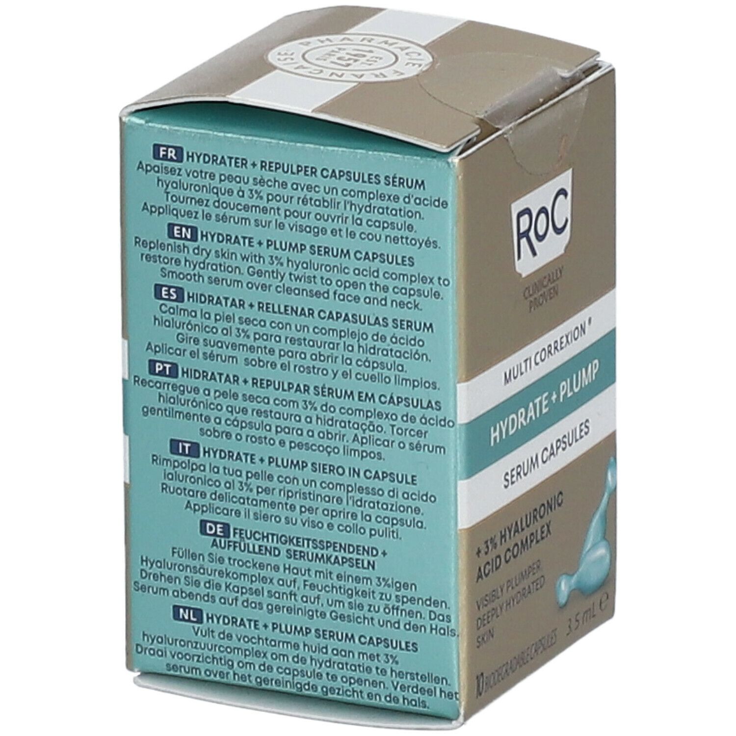Zijkant van de RoC Multi Correxion Hydrate + Plump Serum Capsules verpakking. Gebruiksaanwijzing in meerdere talen. RoC logo.