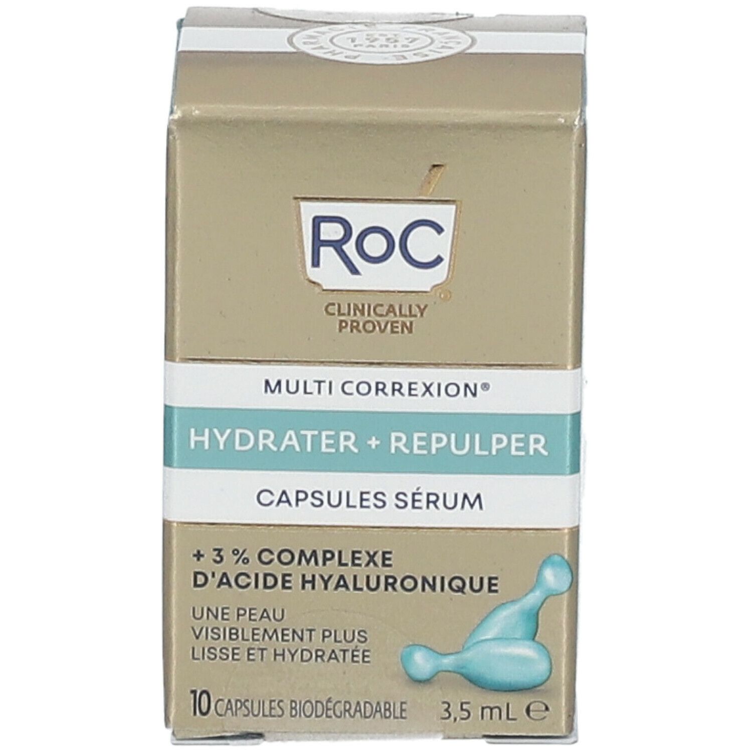 RoC Multi Correxion Hydrater + Repulper Serum Capsules doos. Productinfo en capsule-afbeelding. 10 capsules, 3,5 ml. RoC logo.