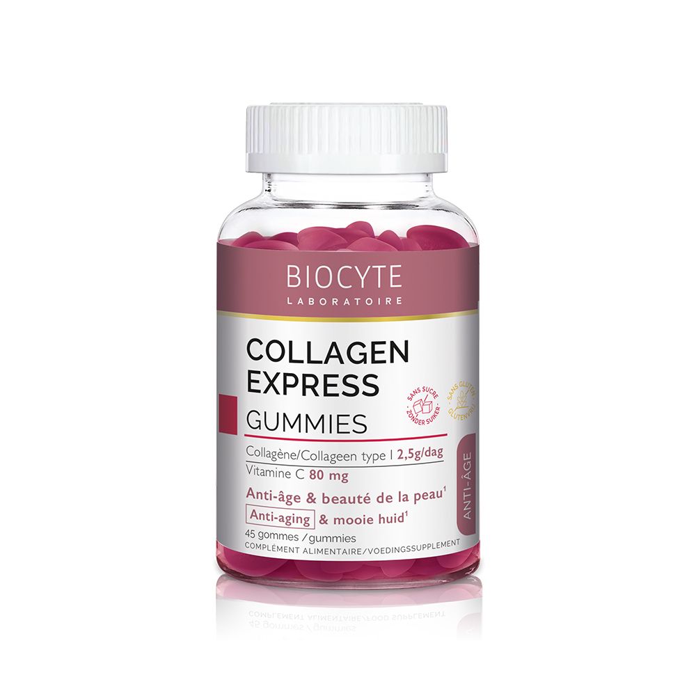 Flacon transparent de BIOCYTE Collagen Express Gummies, bouchon blanc. Inscription: Collagen Express Gummies, vitamine C.