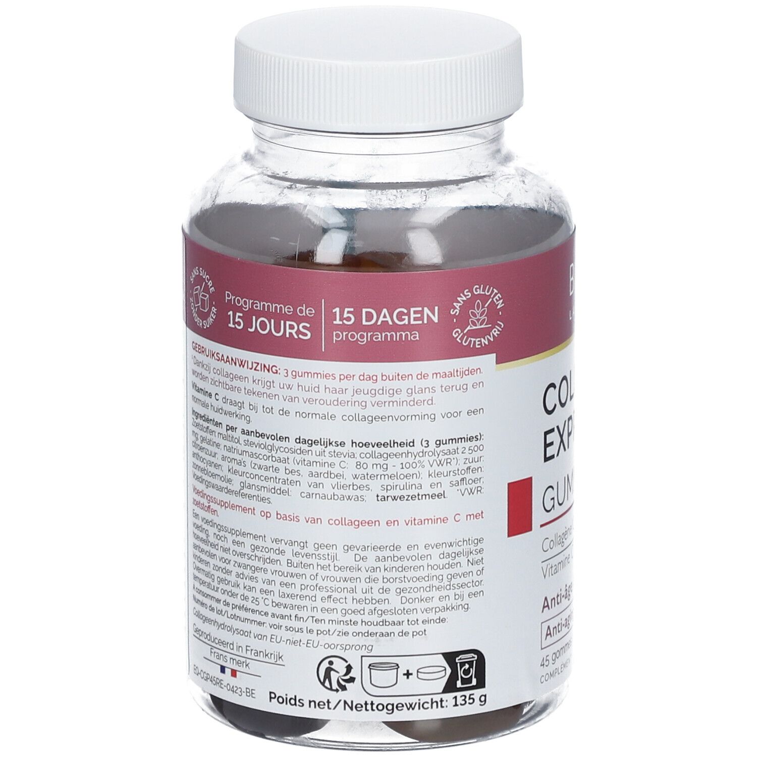 Dos du flacon BIOCYTE Collagen Express Gummies. Texte: conseils d'utilisation, ingrédients, informations nutritionnelles, sans gluten.